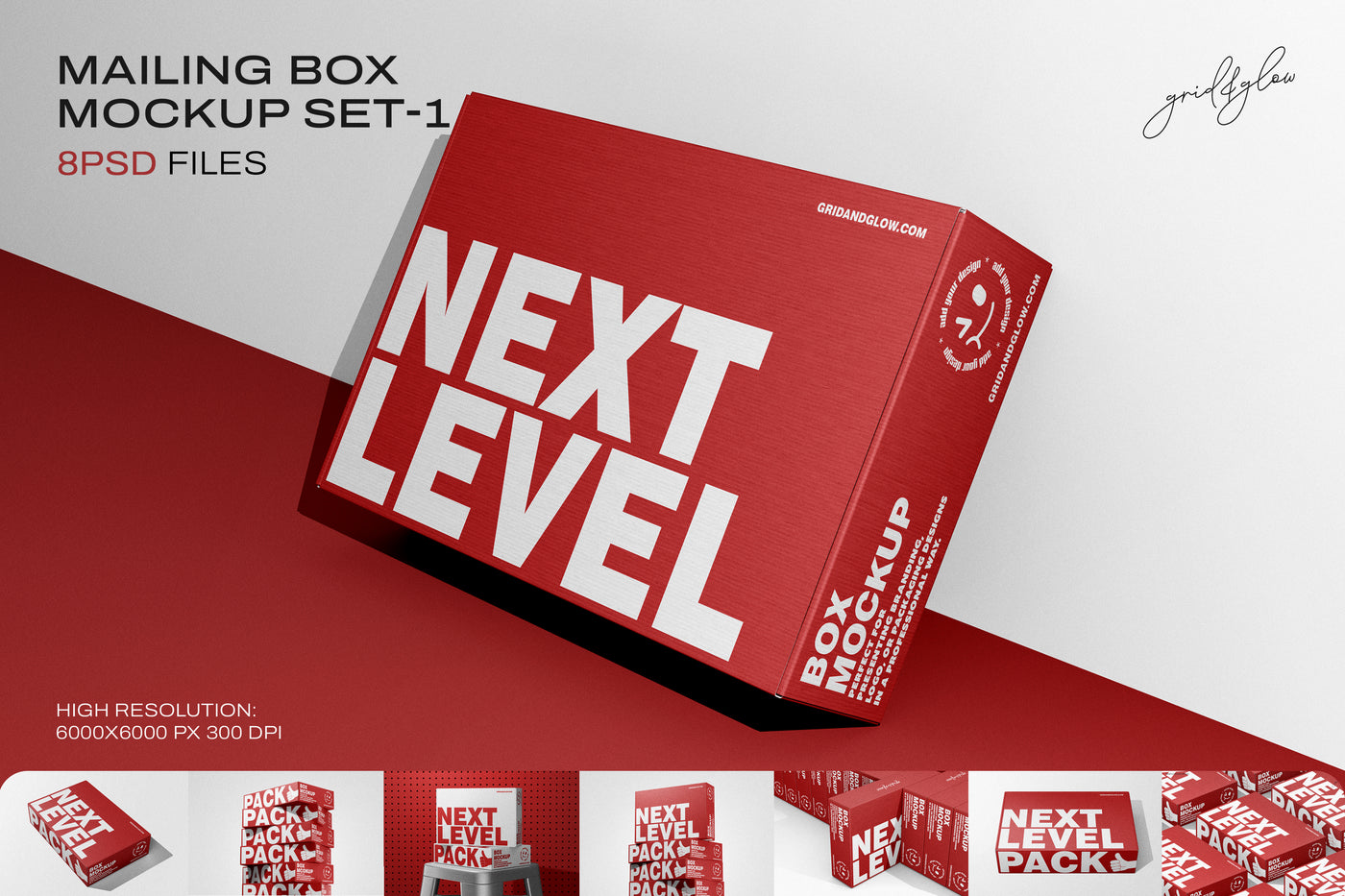 Red 'Next Level' box mockup on a gradient background with additional views below.