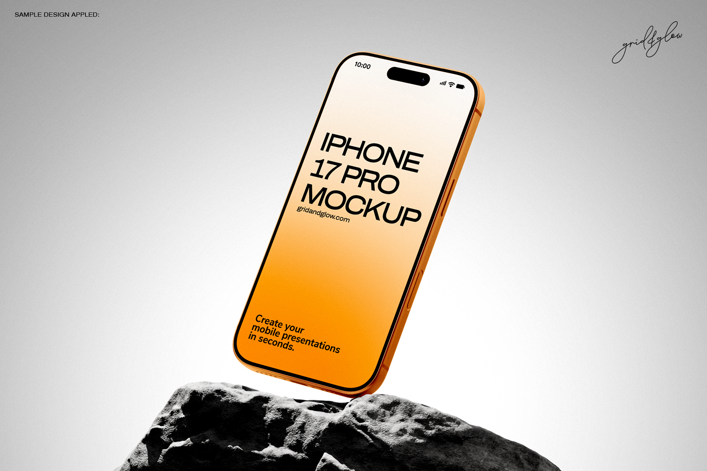 iPhone 17 Pro mockup in orange showing floating angle view with screen display