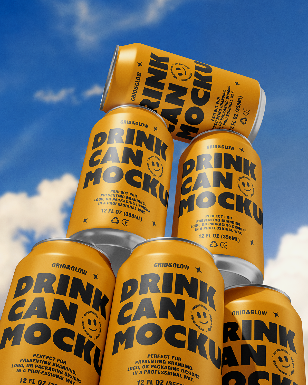 Stack of 'Drink Can Mockup' cans against a blue sky with clouds