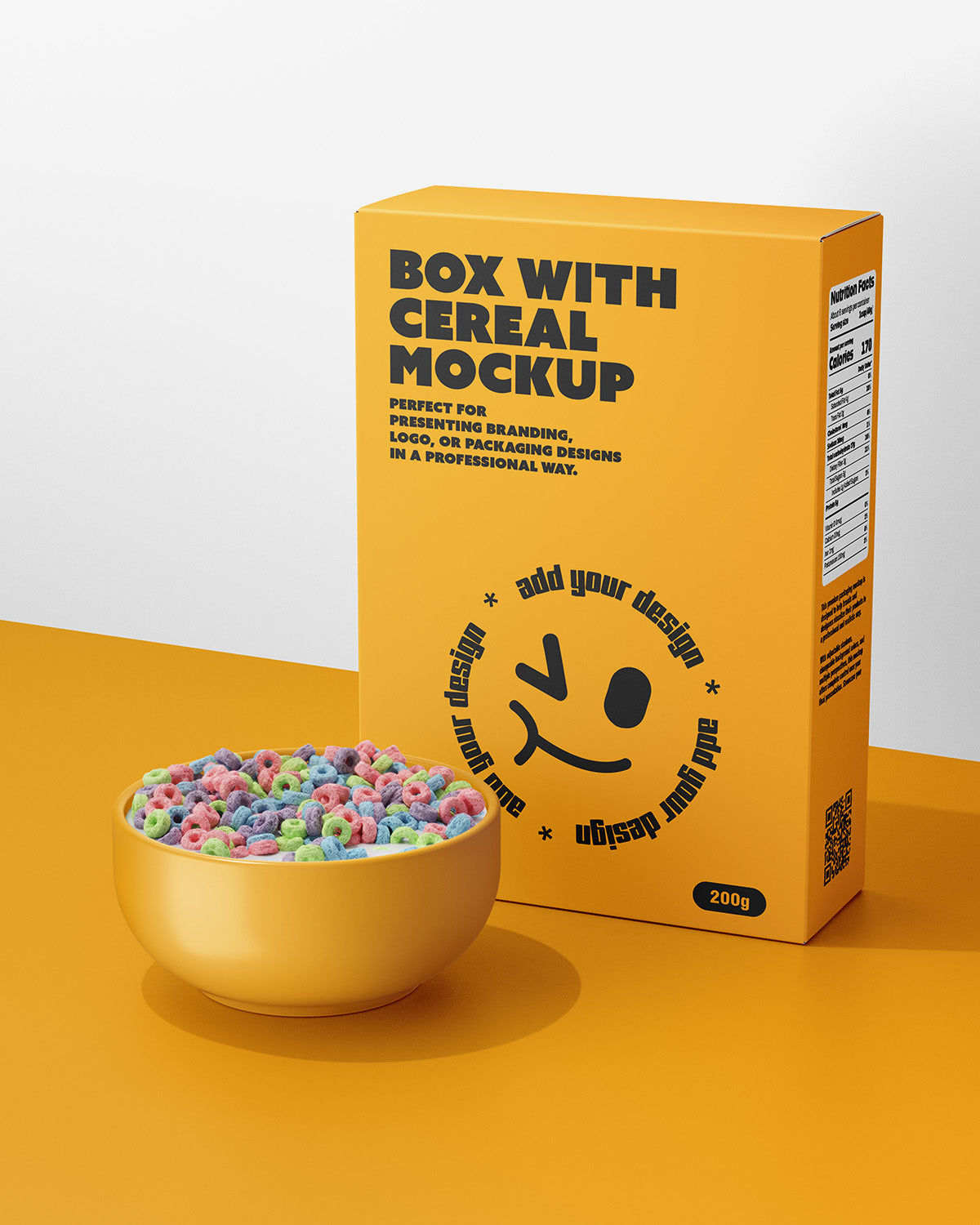Yellow cereal box mockup with a bowl of colorful cereal on an orange surface