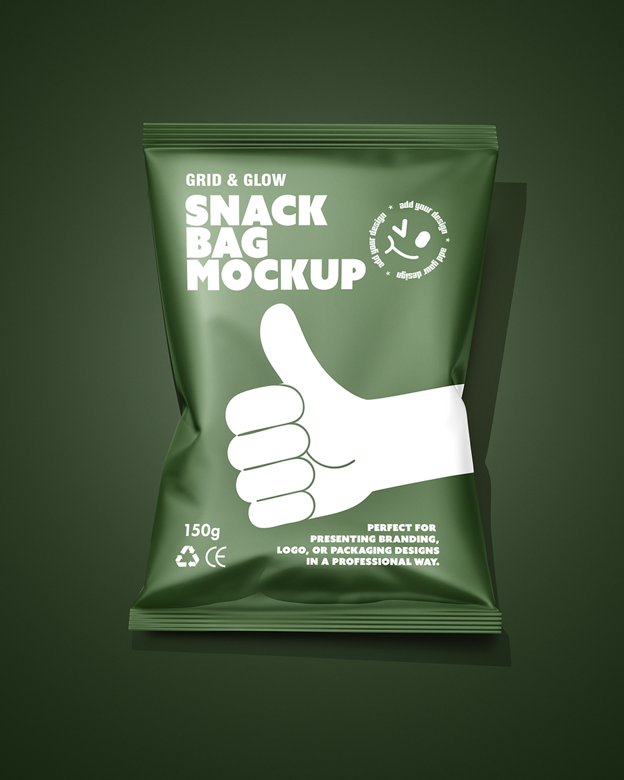Free snack bag mockup on a dark green background