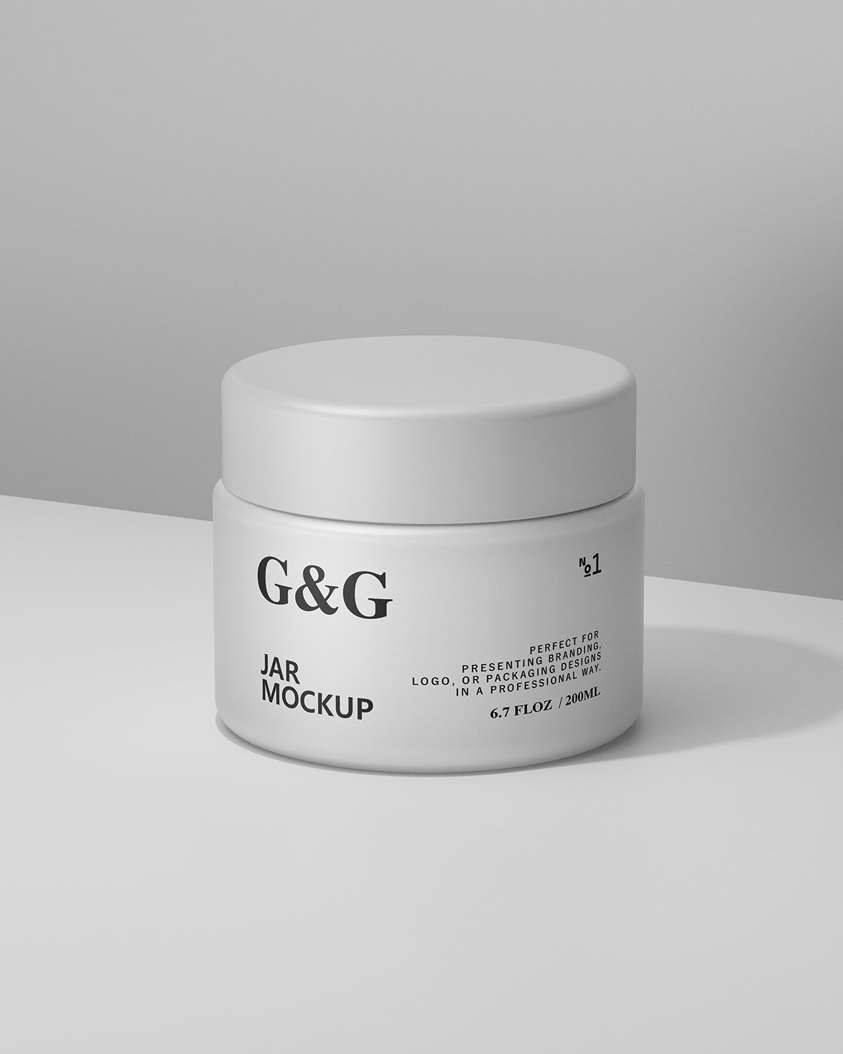 White jar mockup with 'G&G' branding on a gray background