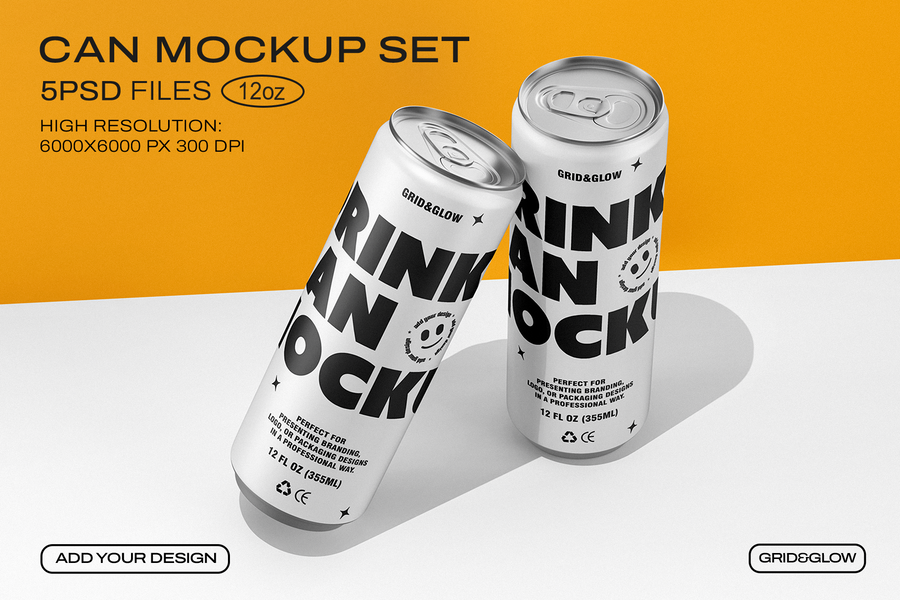Drink can mockup set showing two silver cans in tilted and standing positions on orange background