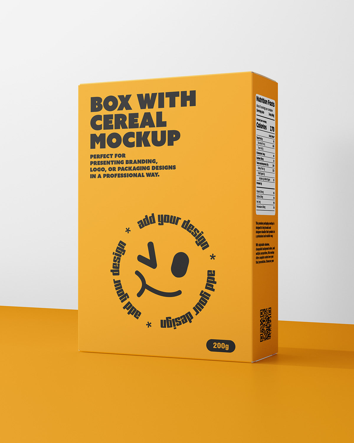 Yellow cereal box mockup with branding area on a white background