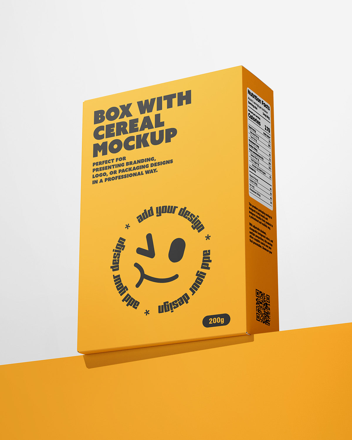 Yellow cereal box mockup with branding text on a white background