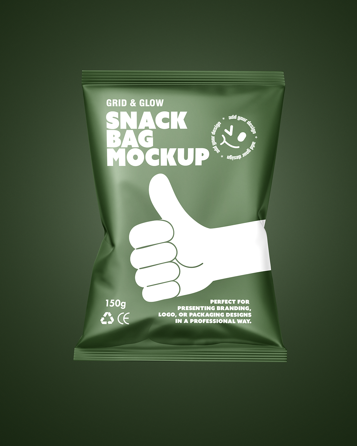 Free snack bag mockup on a dark green background