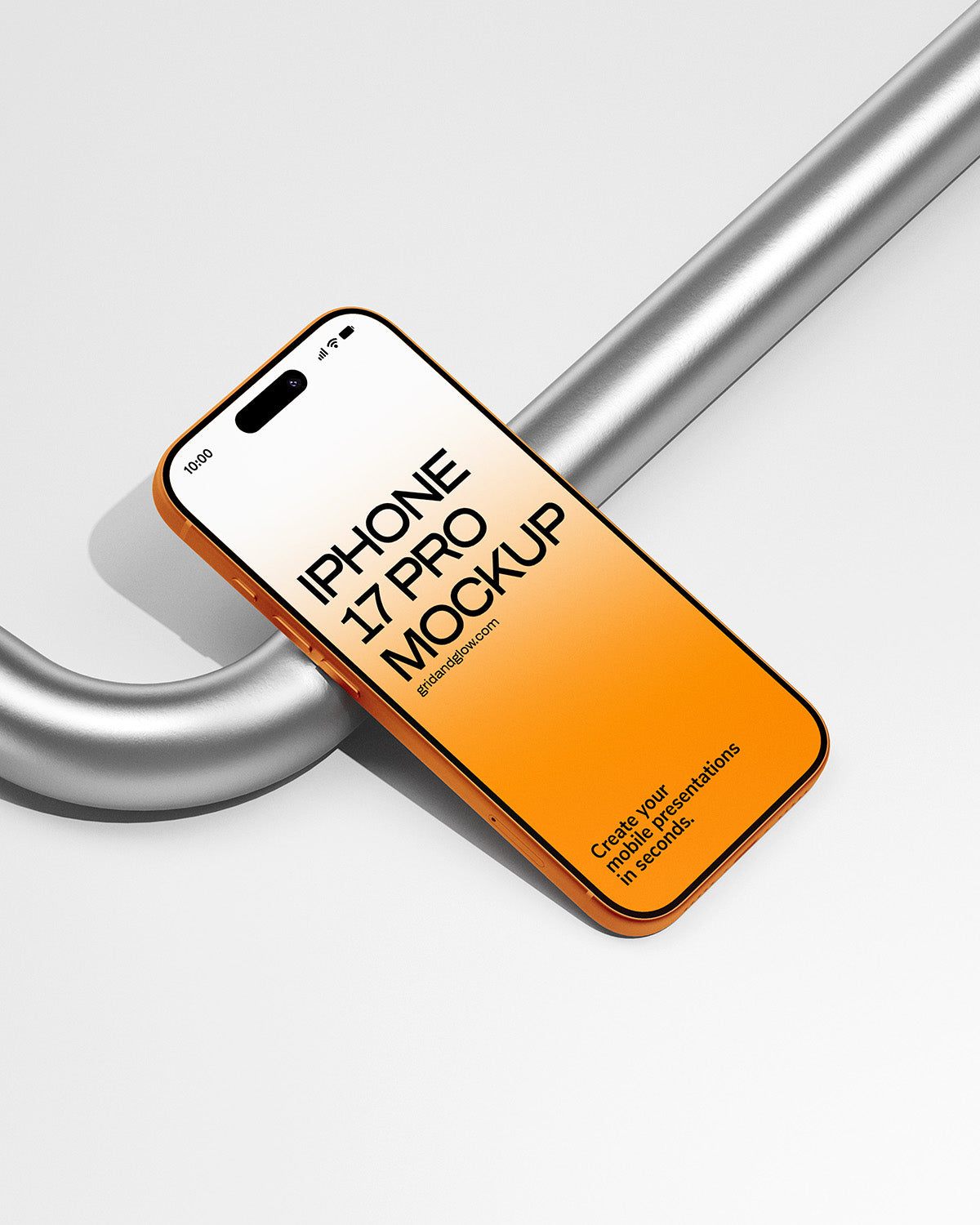 Phone case mockup with 'iPhone 17 Pro Mockup' text on an orange gradient background