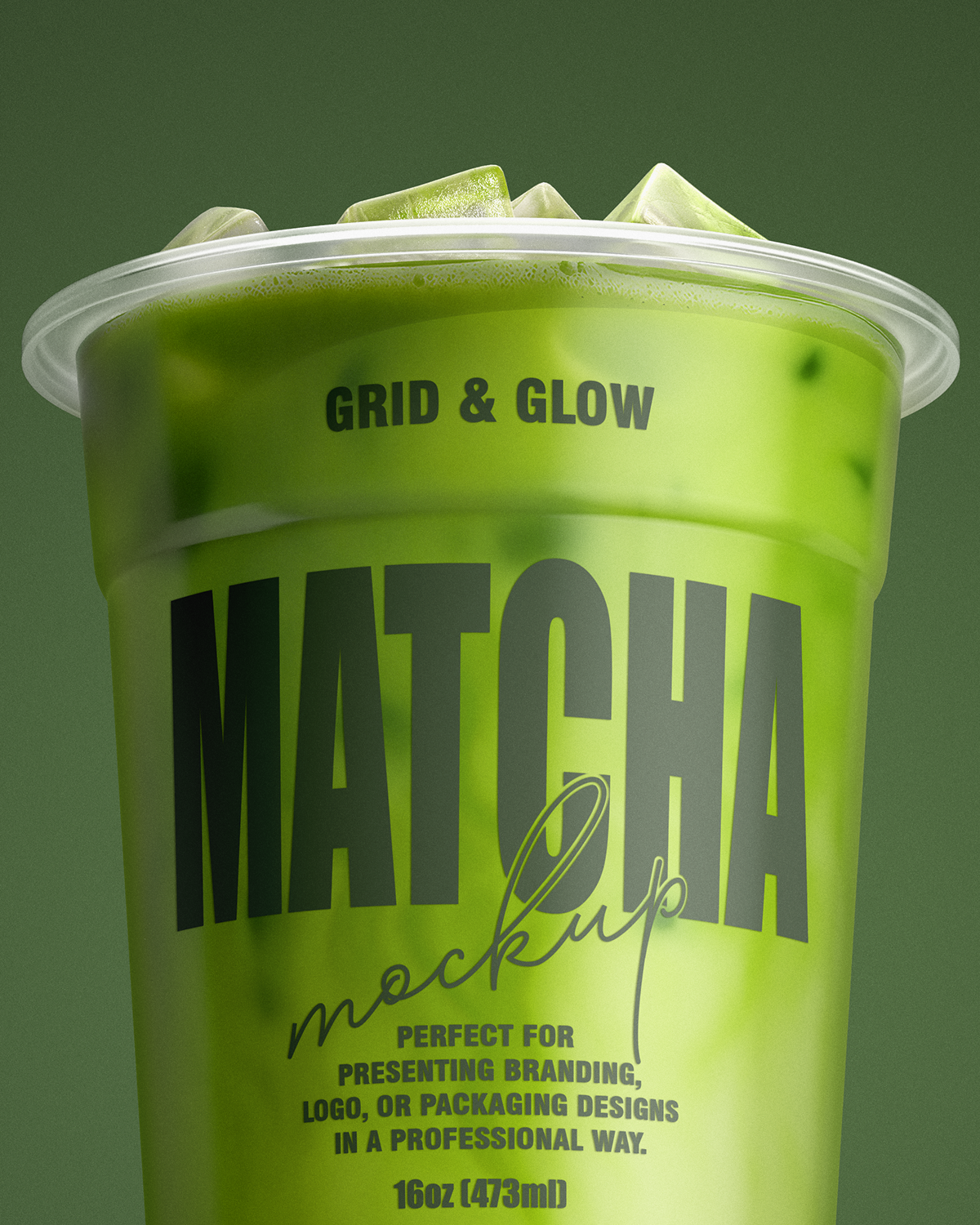 Green matcha drink cup with 'Grid & Glow' branding on a green background