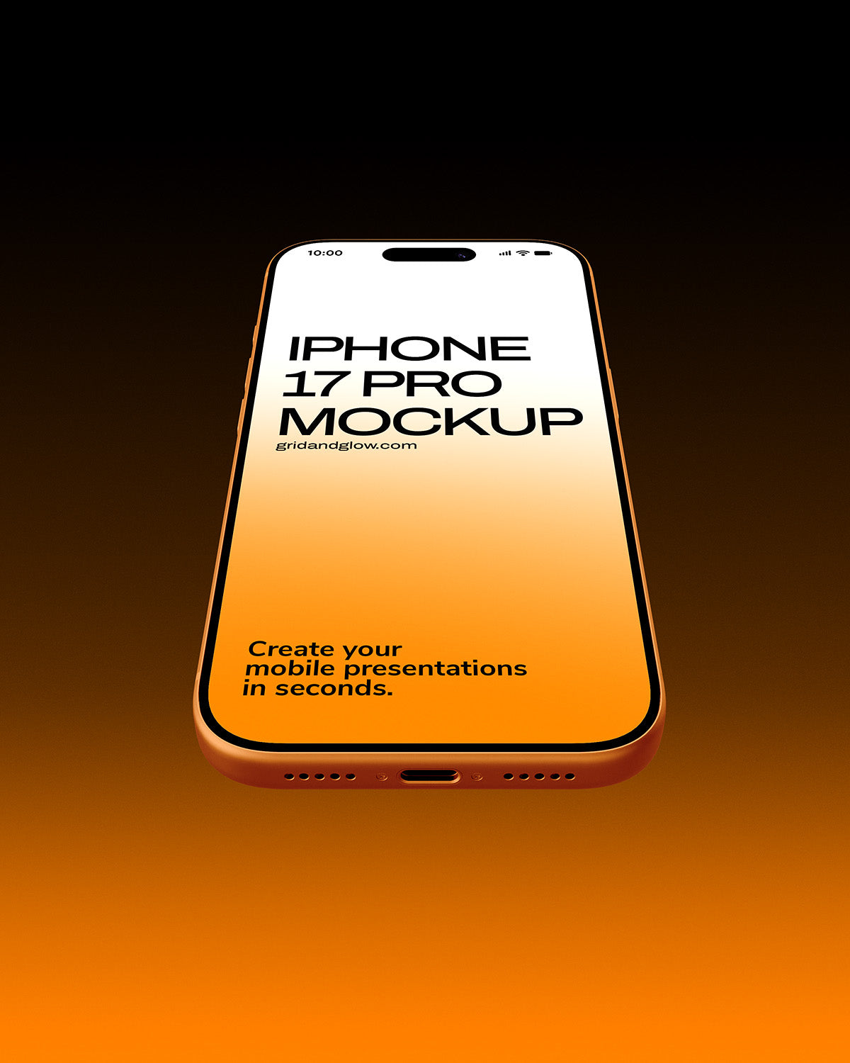 Phone mockup with 'iPhone 17 Pro Mockup' text on an orange gradient background