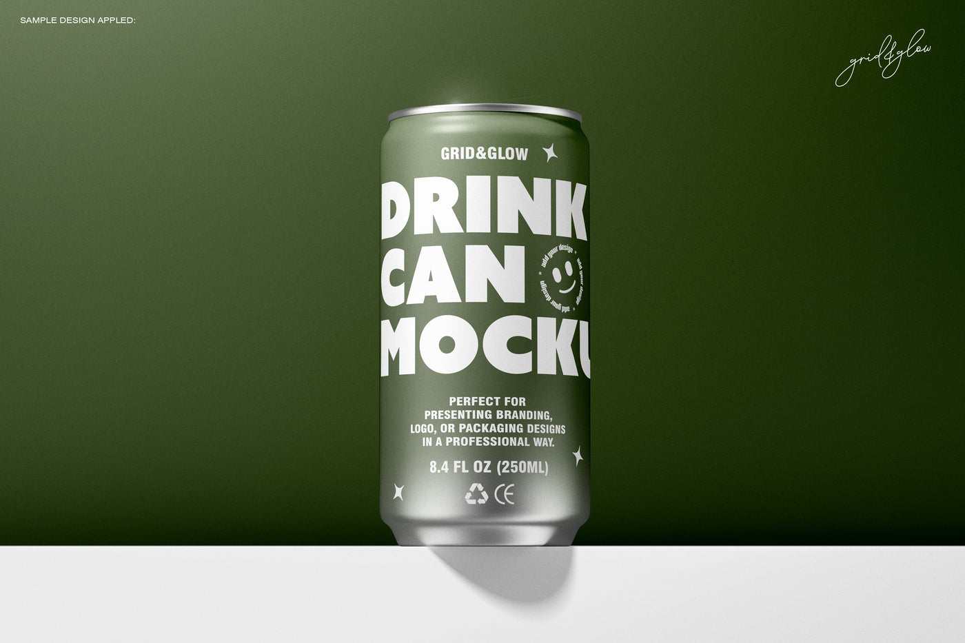 8.4oz 250ml Drink Can Mockup on Green Background – PSD Template for Branding and Packaging Design – Minimalist Beverage Can Presentation by Grid & Glow
