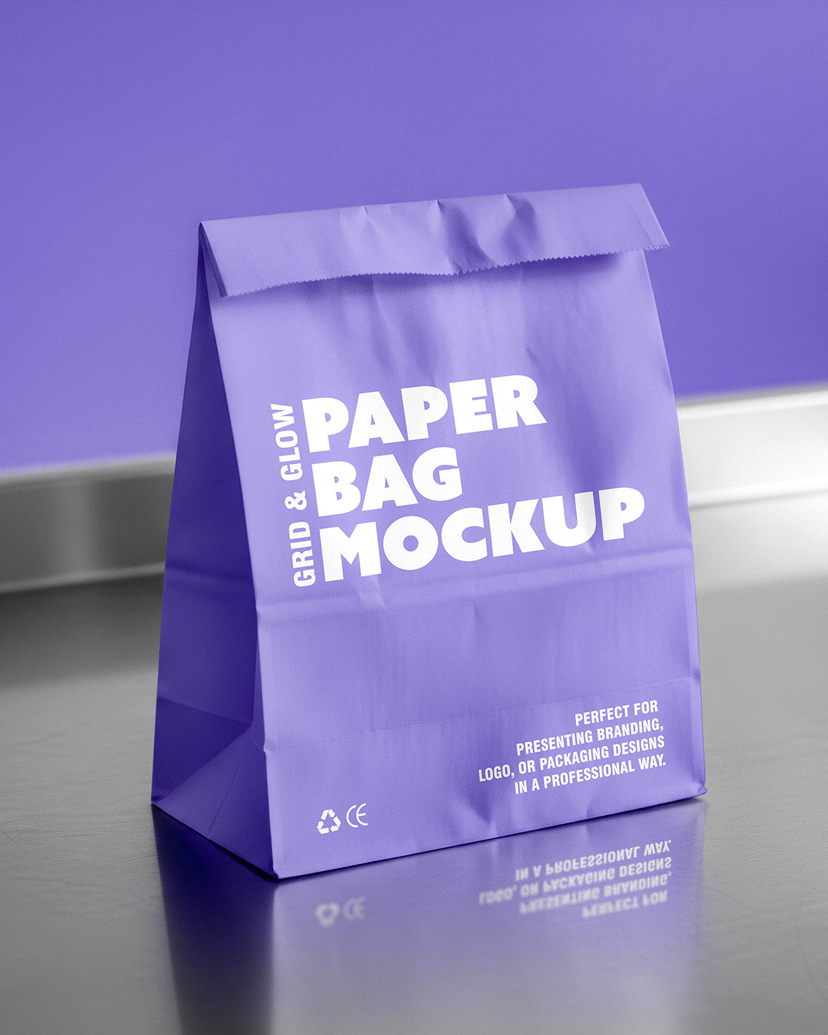 Paper bag mockup in purple with reflective surface and fold-top closure
