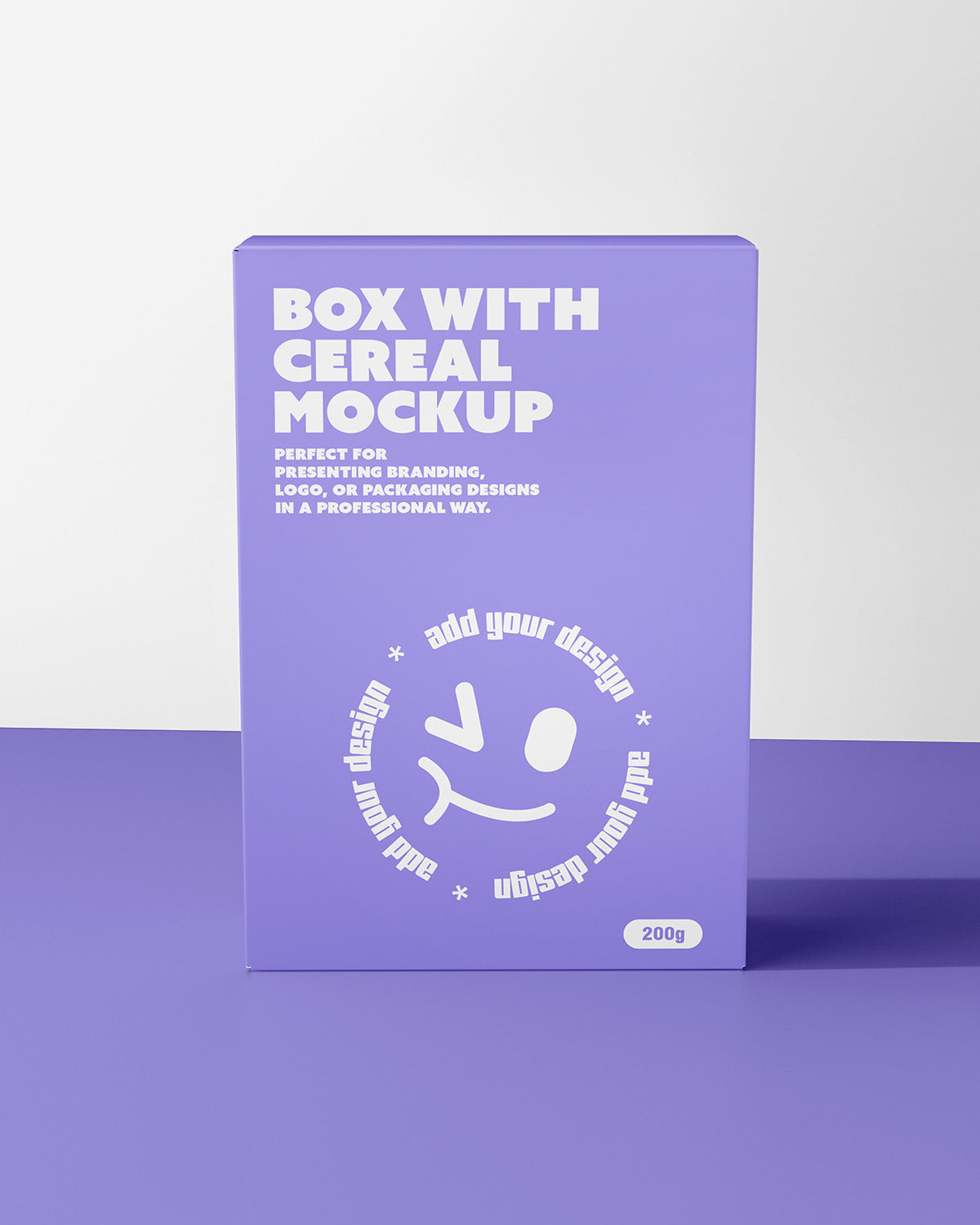 Purple cereal box mockup with smiley face design on a purple background
