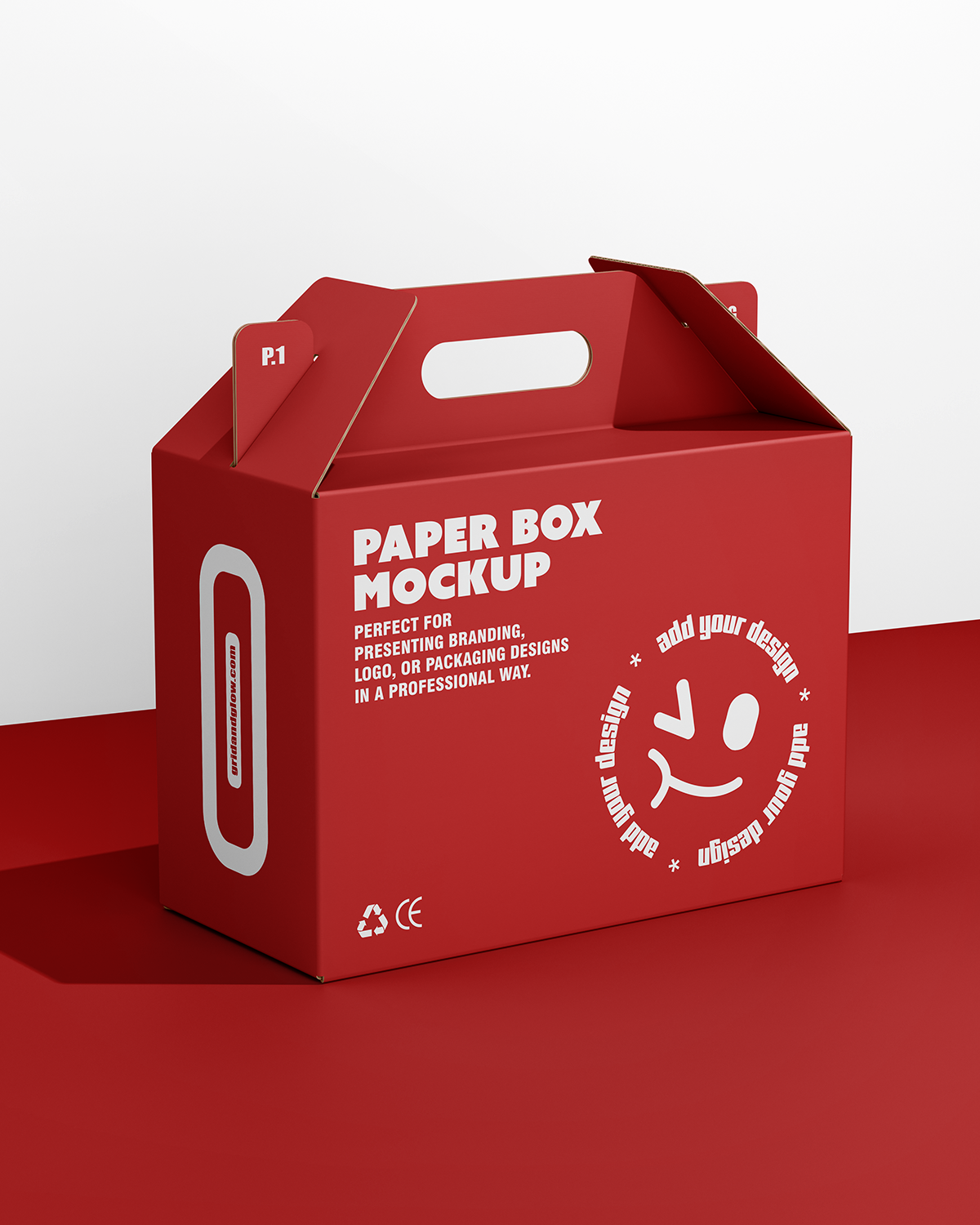 Red paper box mockup with branding text on a red background