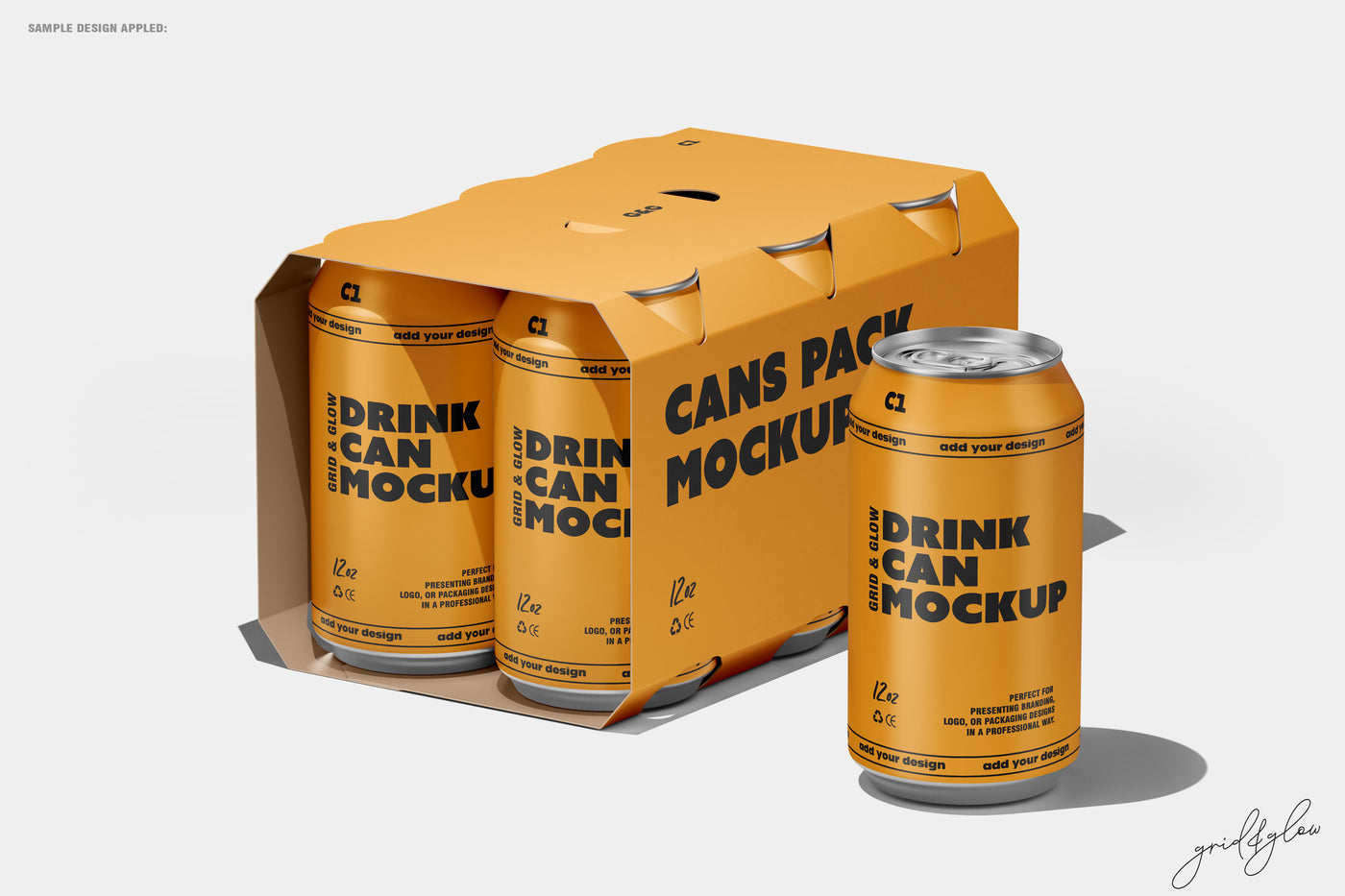 6 Pack Cans Mockup – Front View with 12oz Can Standing