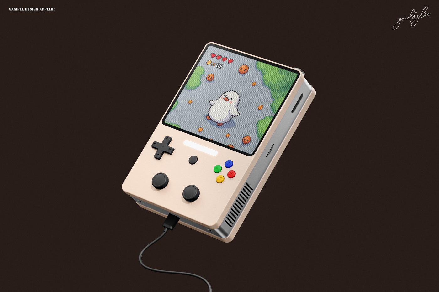 Flat angle of handheld console showing a pixel forest scene with a white penguin.