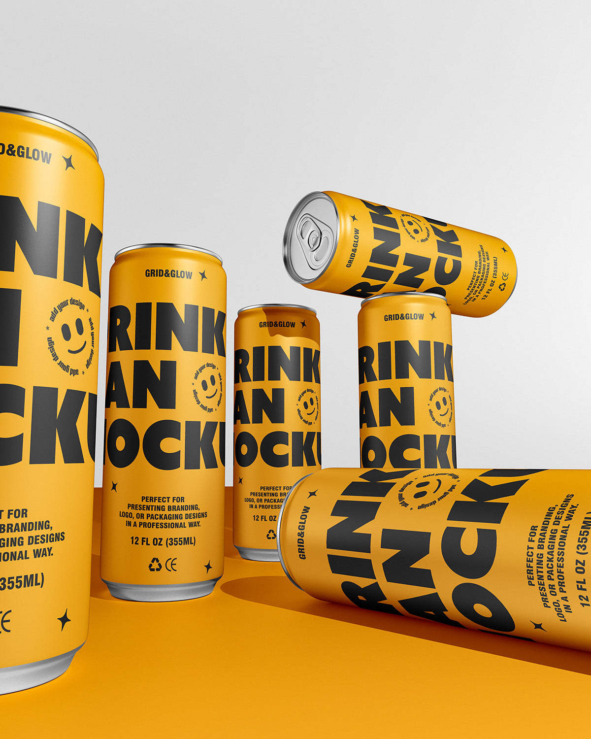 Drink can mockup 12oz 355ml with multiple cans in gold on orange background