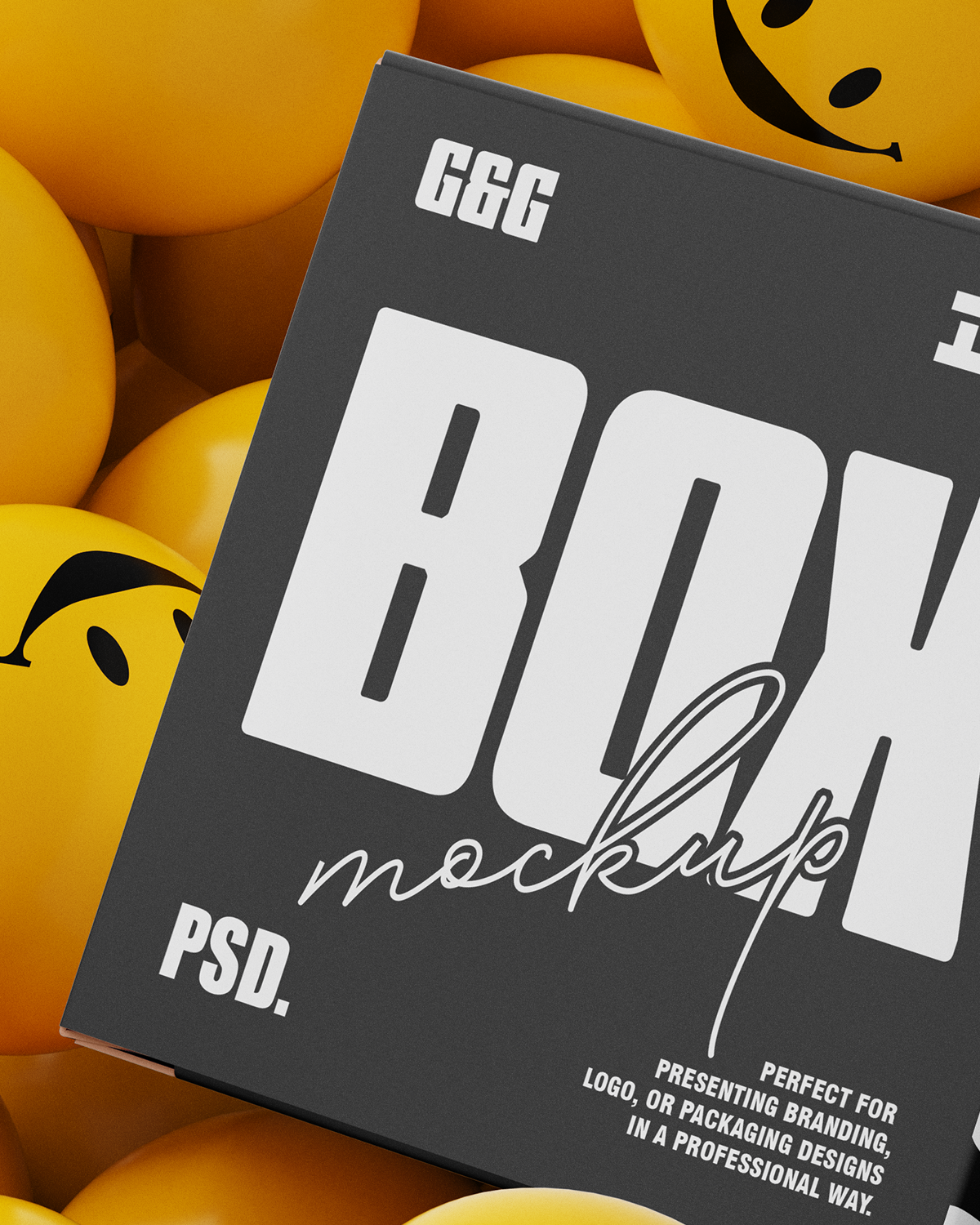 Box mockup with 'G&G' branding on a background of yellow balloons.