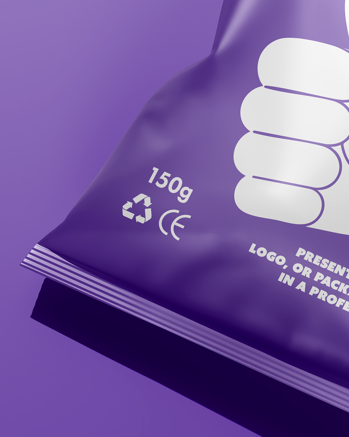 Purple packaging with recycling symbols and weight indication on a purple background