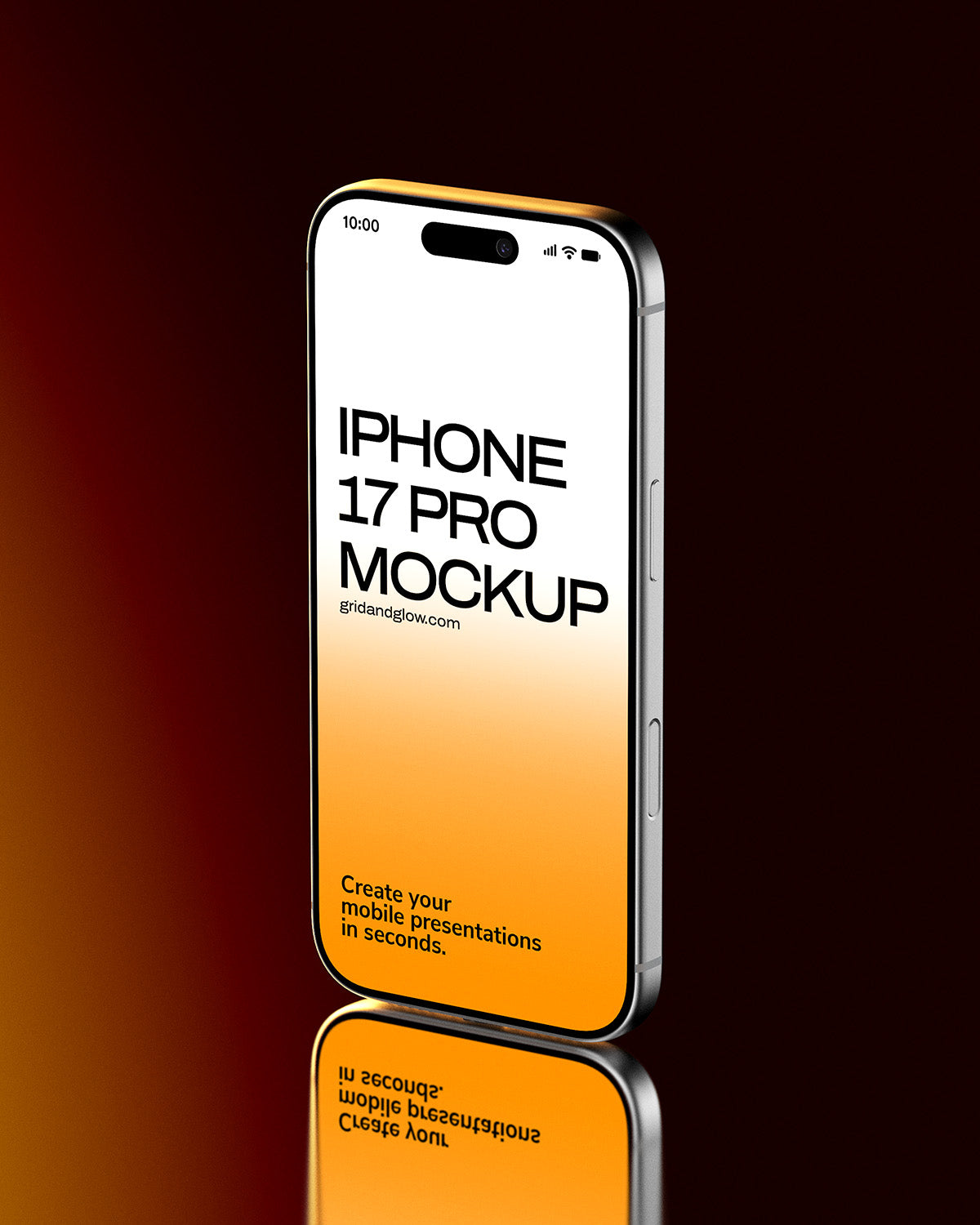 iPhone 17 Pro mockup on reflective surface with orange gradient background