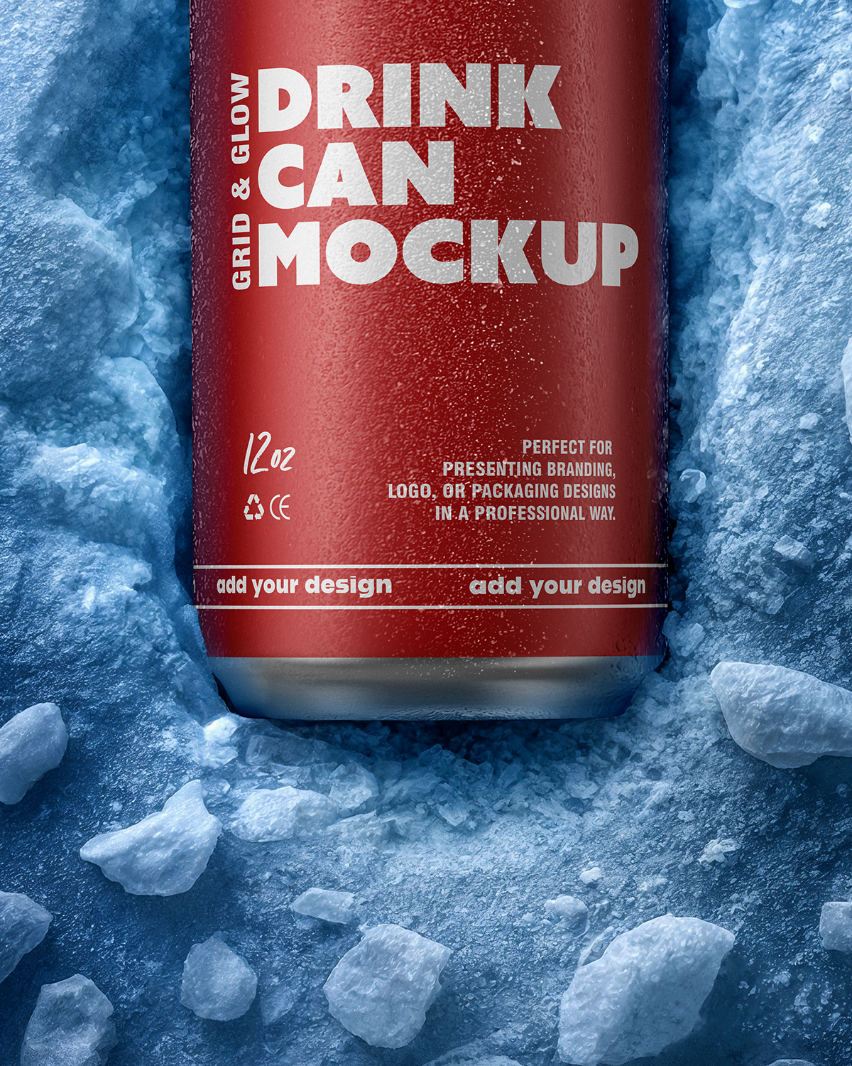 Red drink can mockup with ice cubes on a blue background