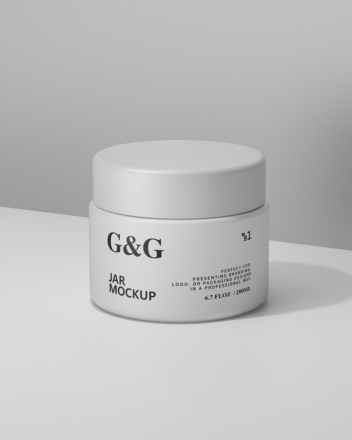White jar mockup with 'G&G' branding on a gray background