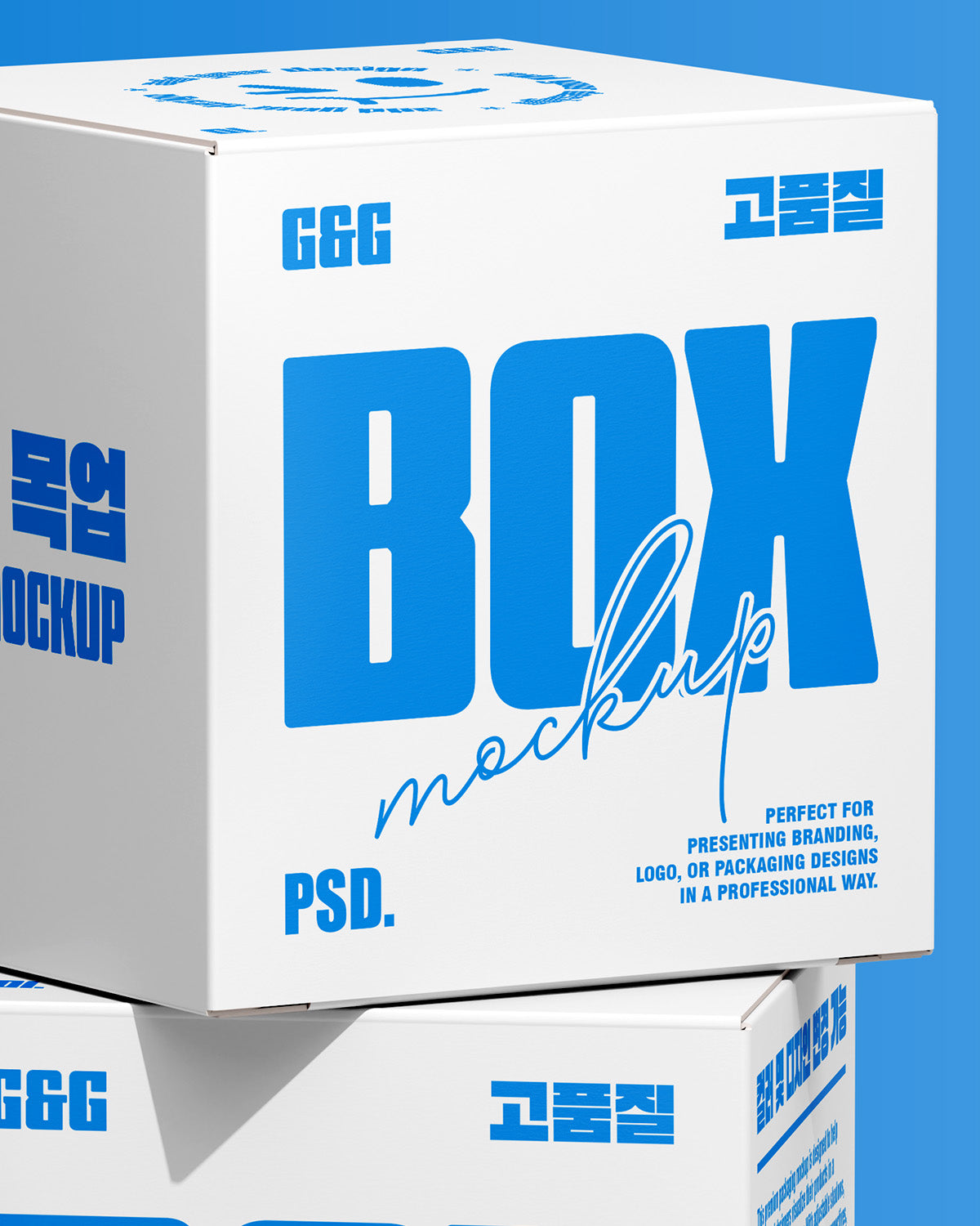 Paper box mockup with three stacked boxes in white and blue on blue background