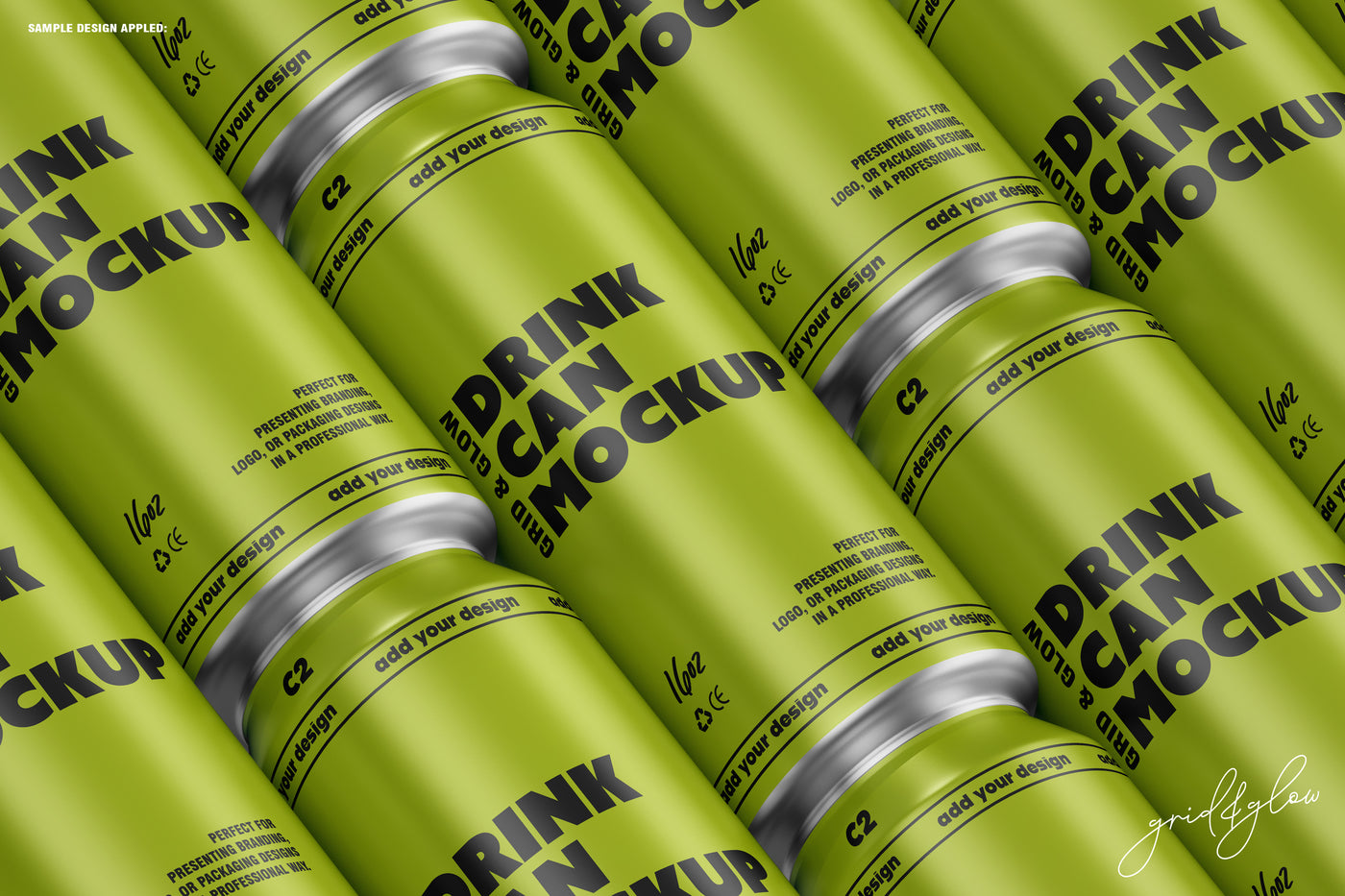 Grid Layout of Green 16oz Drink Can Mockups – Repeating PSD Scene for Branding, Packaging, and Label Design by Grid & Glow