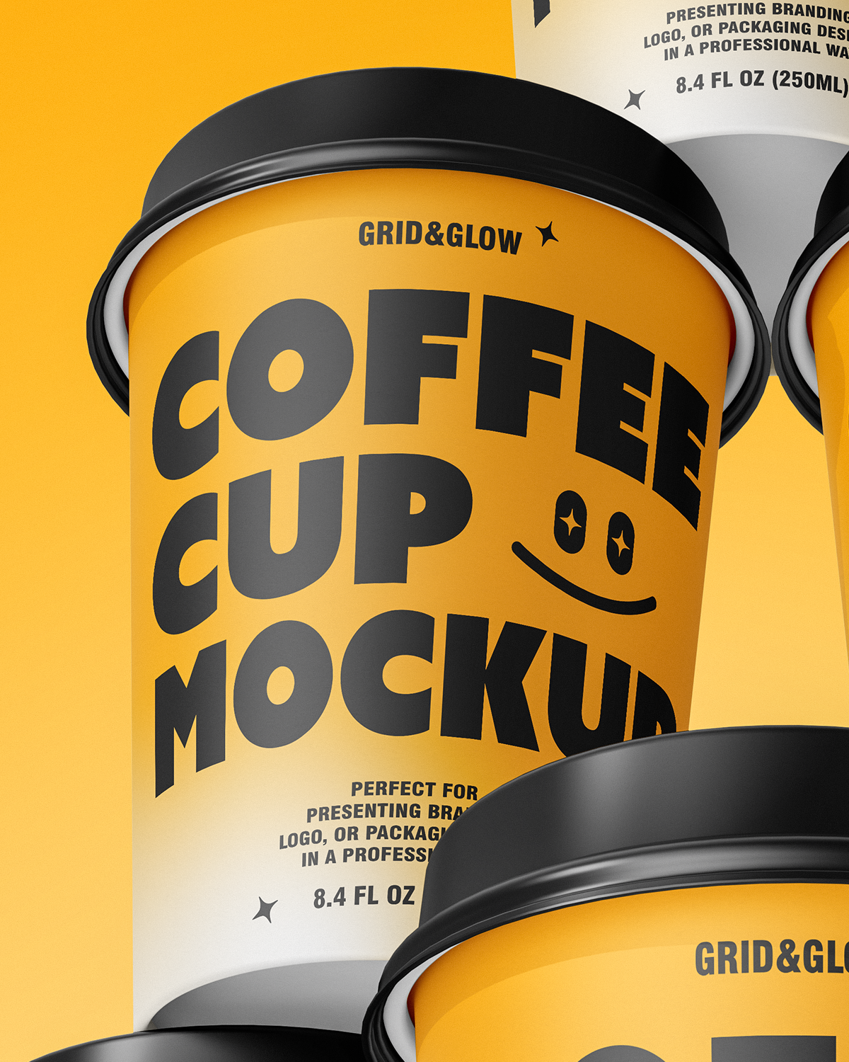 Coffee cup mockup stacked in pyramid formation showing multiple angles of customizable design macro