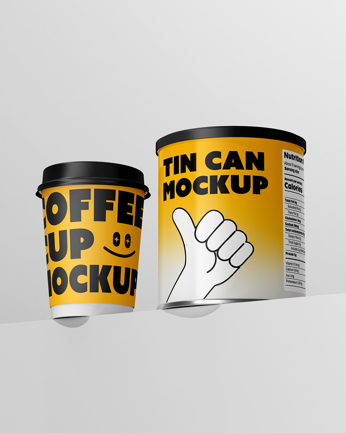 Coffee Cup & Tin Can Mockup showing dual packaging design with customizable labels