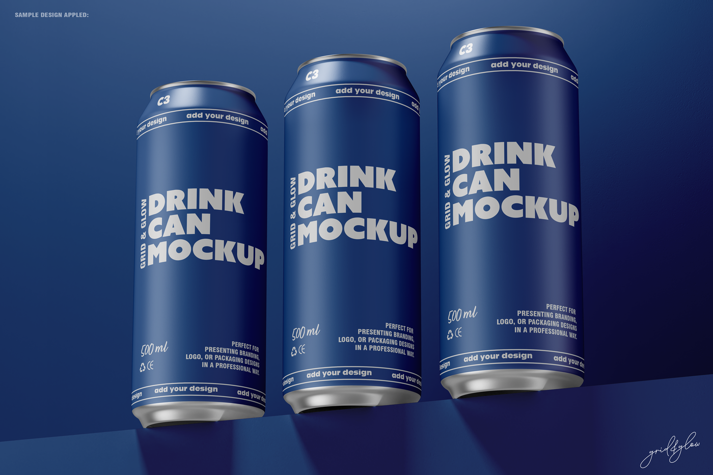 Drink Can Mockup – Trio of Blue Cans Standing Side-by-Side
