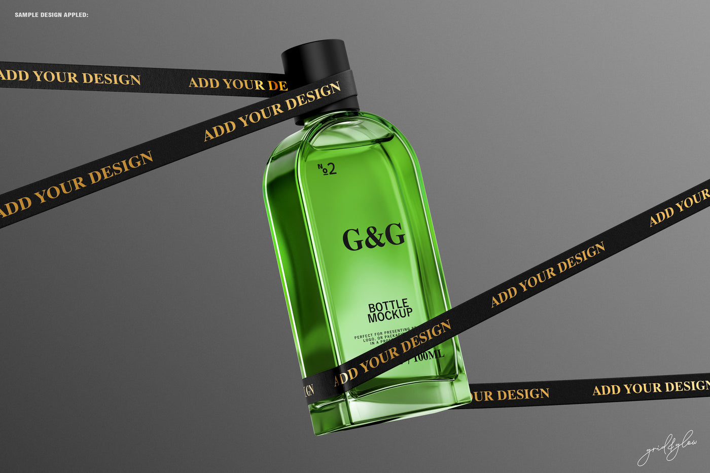 Bottle Mockup – Green Bottle with Black Cap and Decorative Ribbons on Gray Background