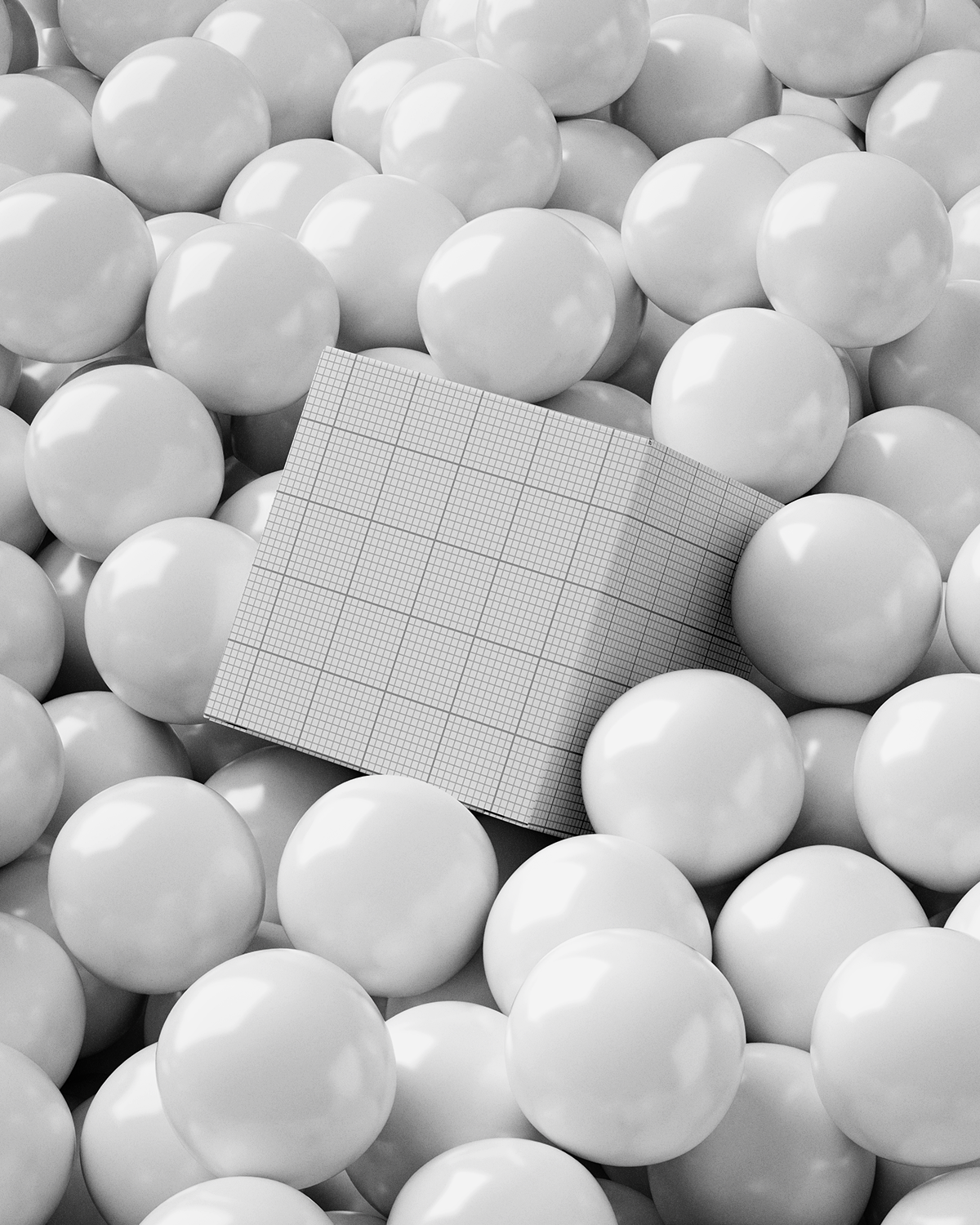 Grid-patterned tile surrounded by white spheres