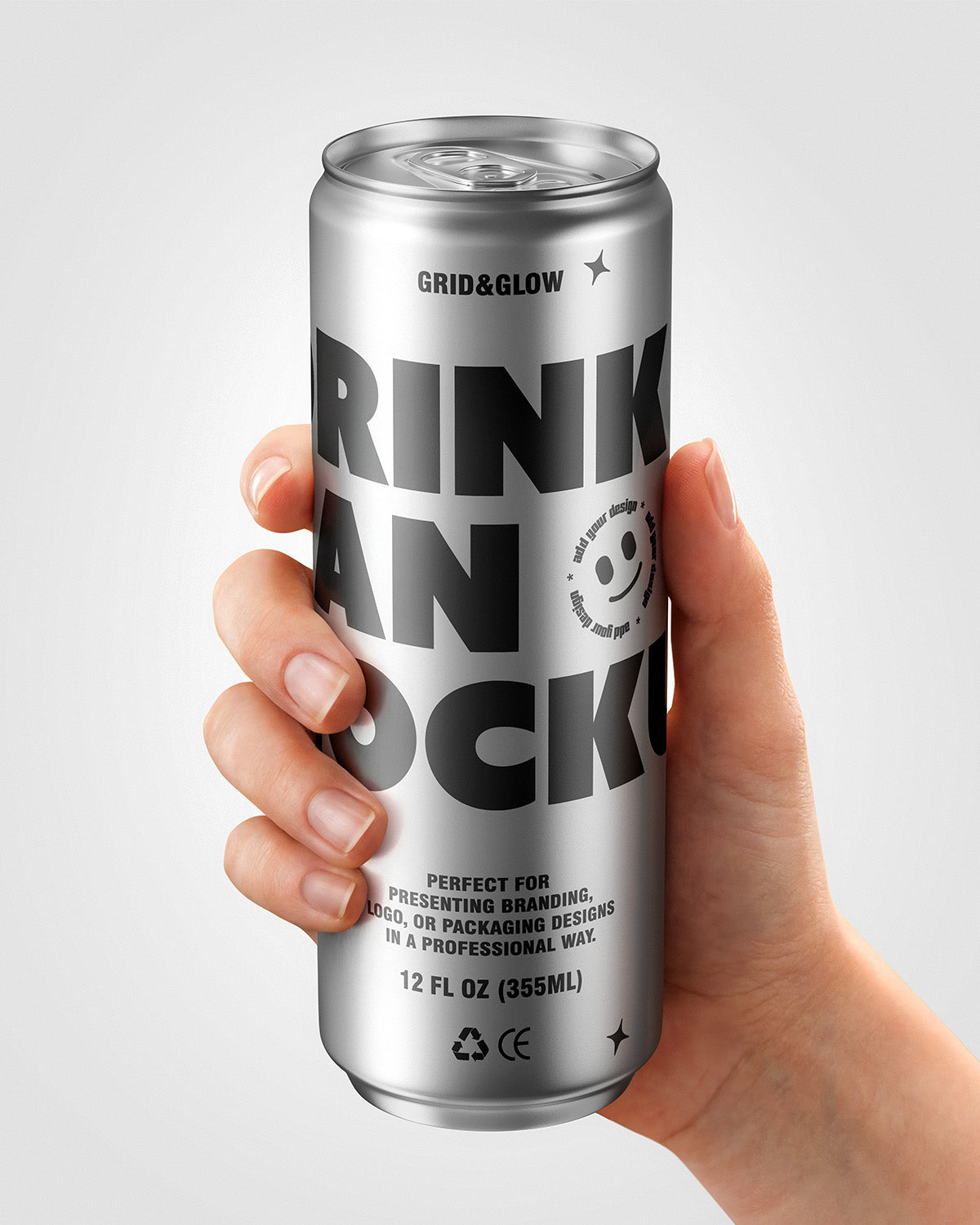 Drink can mockup 12oz 355ml in silver held in hand on gray background