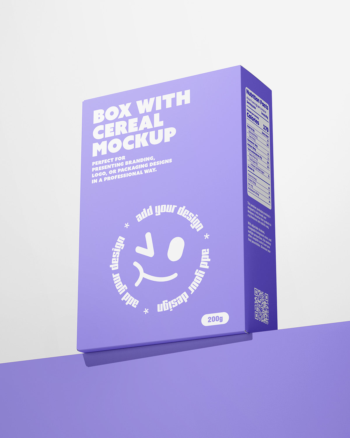 Purple cereal box mockup with branding area on a light purple background