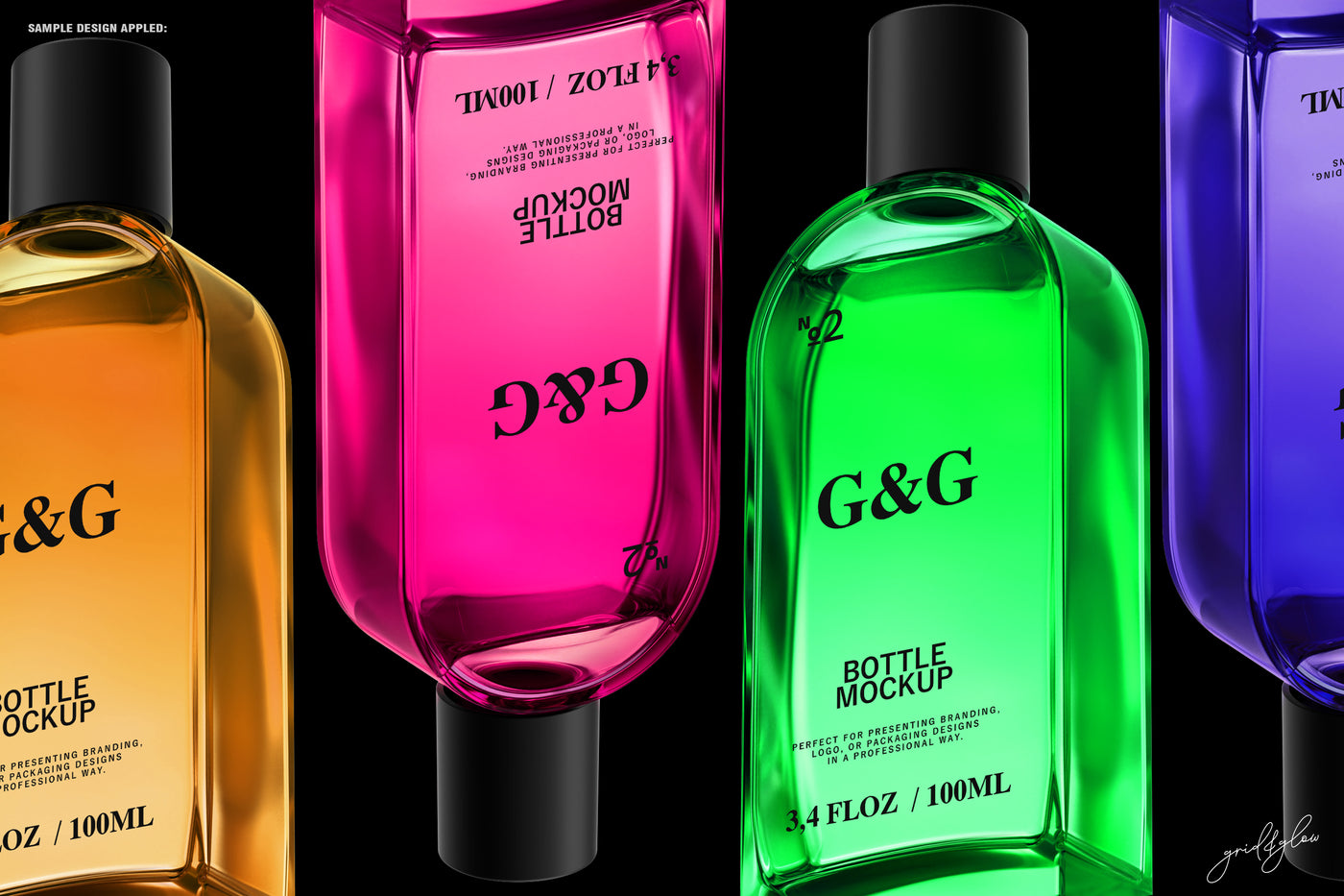 Bottle Mockup – Vertical Composition Featuring Multicolored Bottles on Black