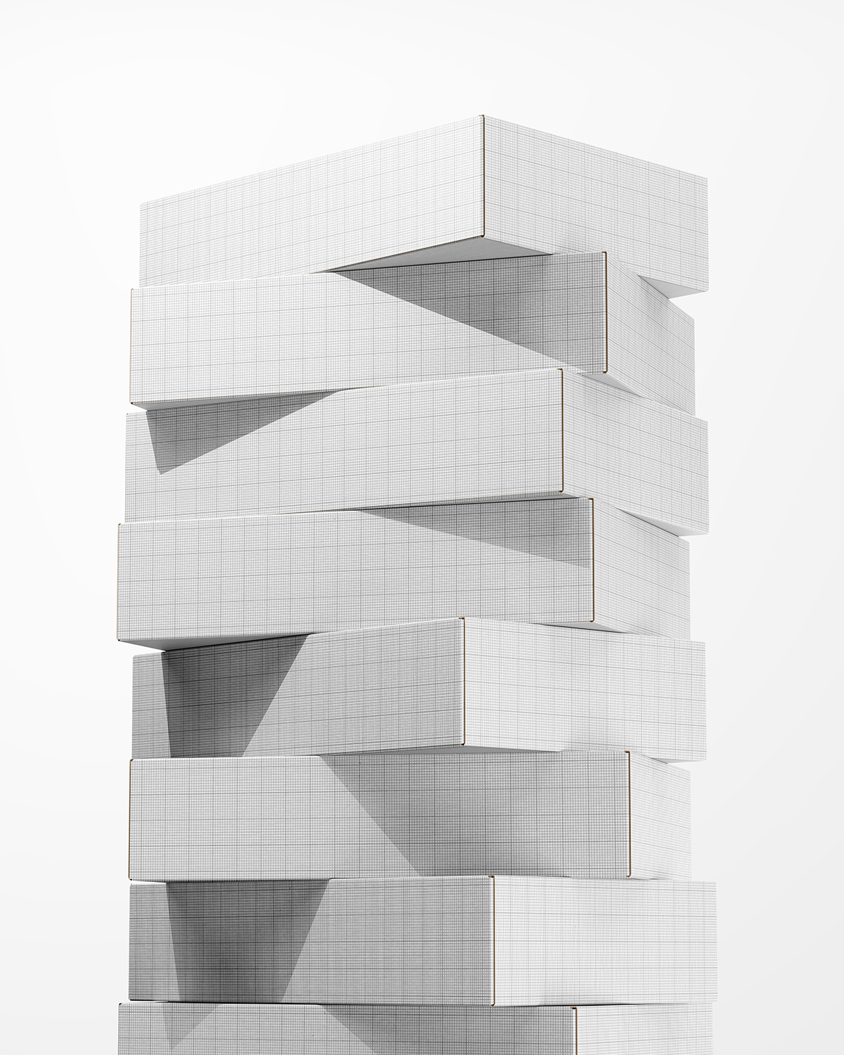 Geometric architectural model with white and gray colors on a white background