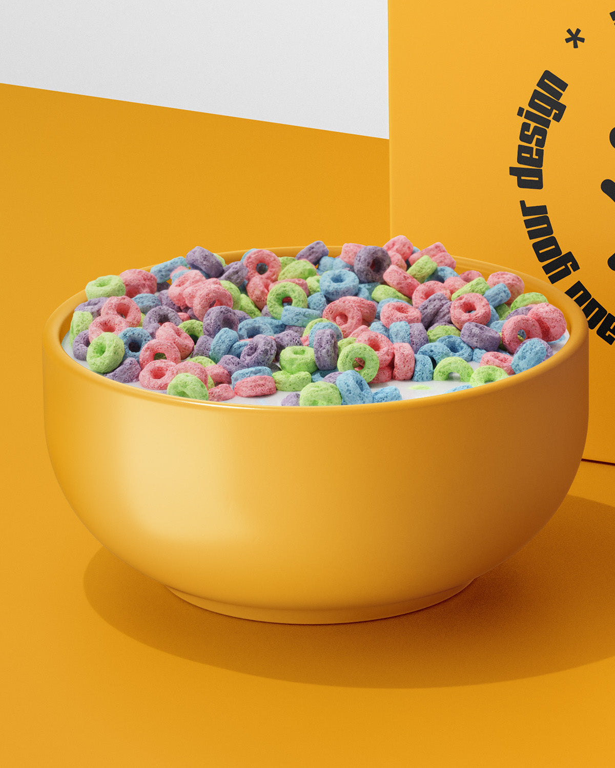 mockup Yellow bowl filled with colorful cereal on a yellow background