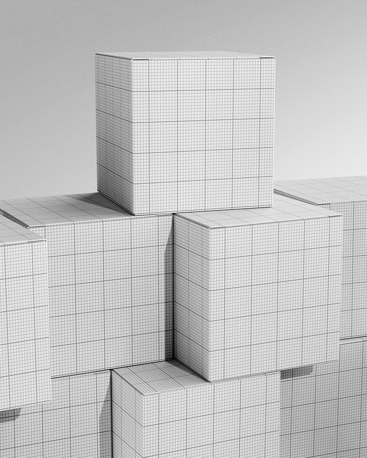 Stack of white cubes with grid patterns on a light gray background