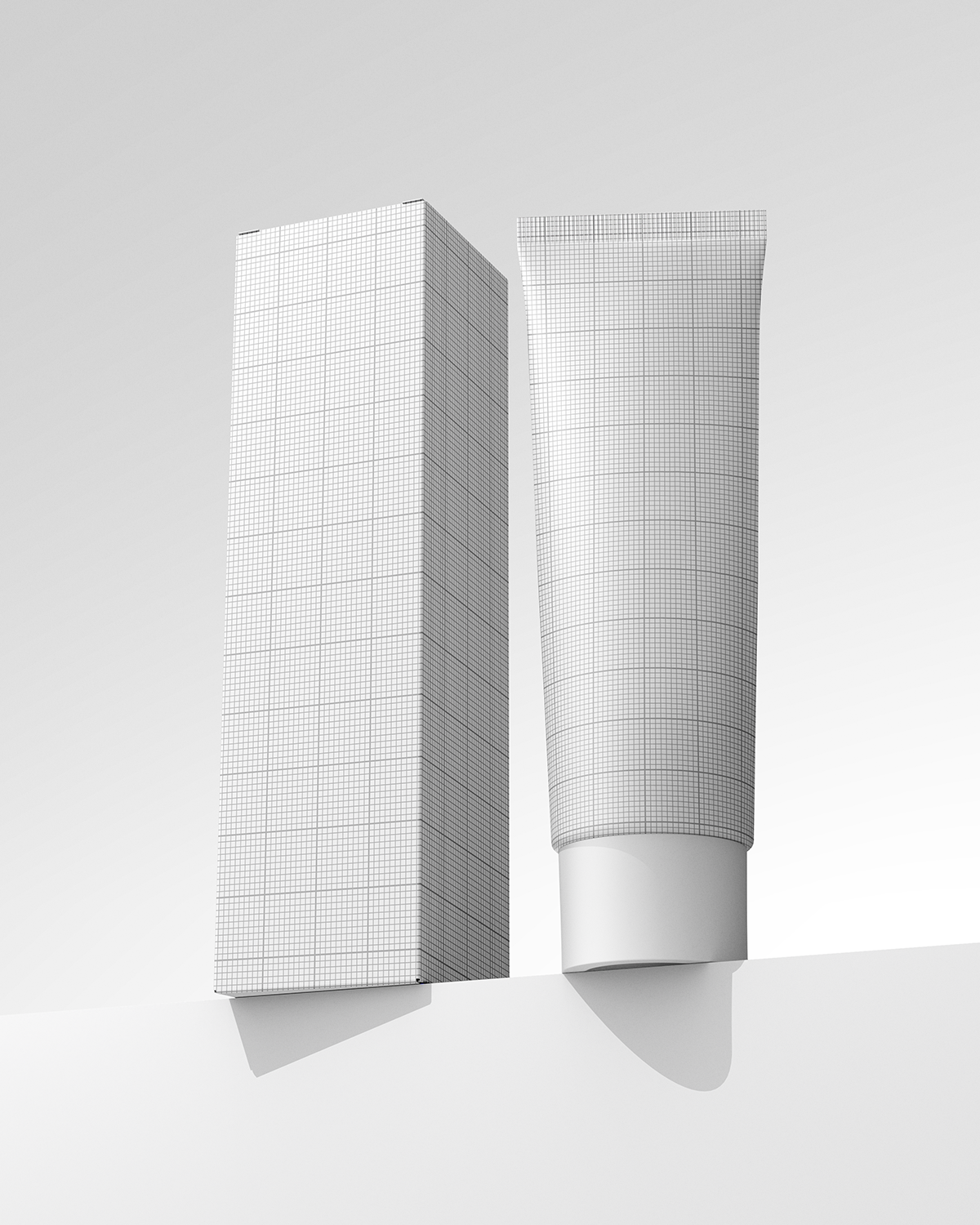 Two cylindrical containers with grid patterns on a light gray background Mockup