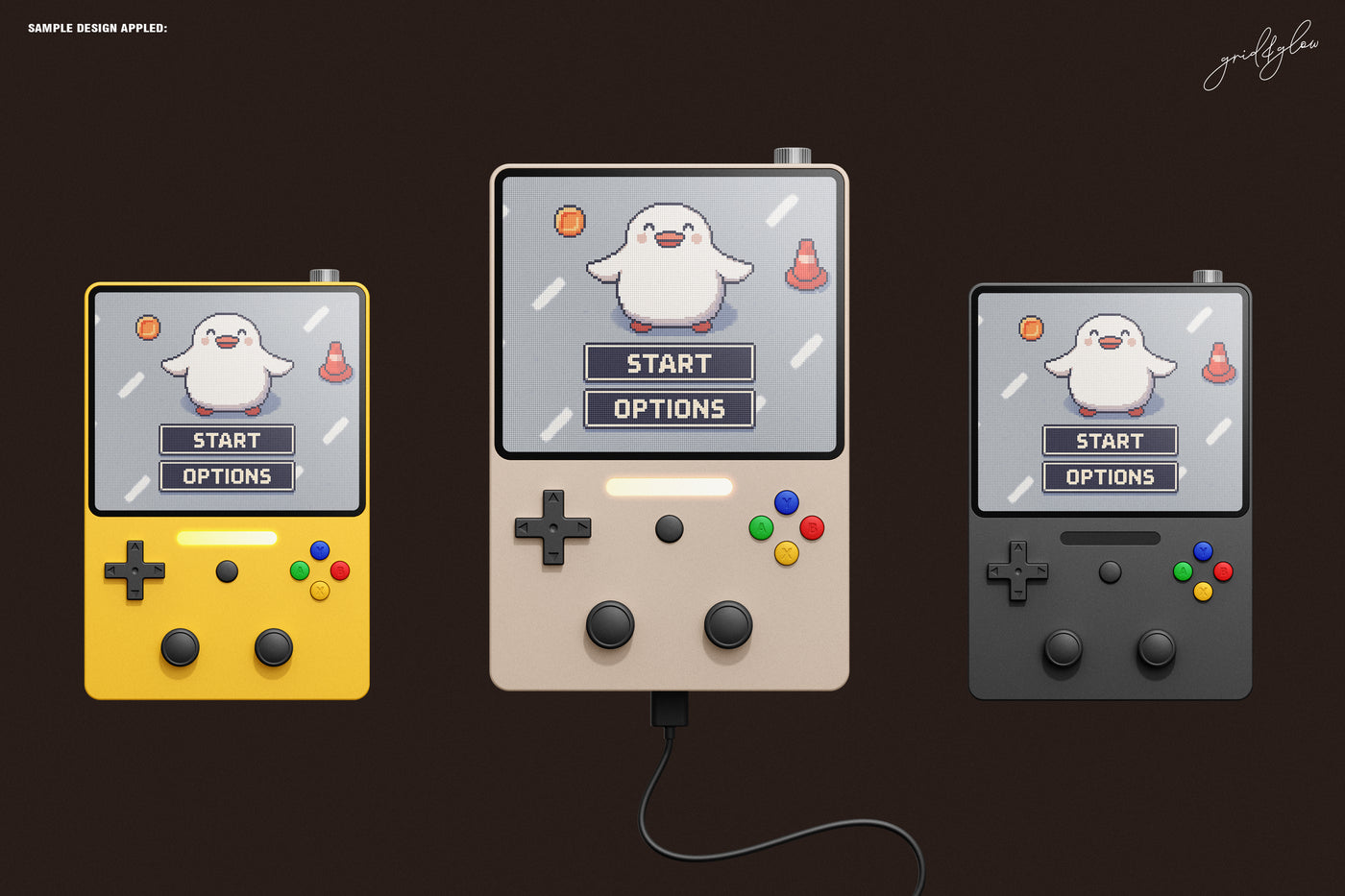 Three retro game consoles in yellow, beige, and black with start menu screens.