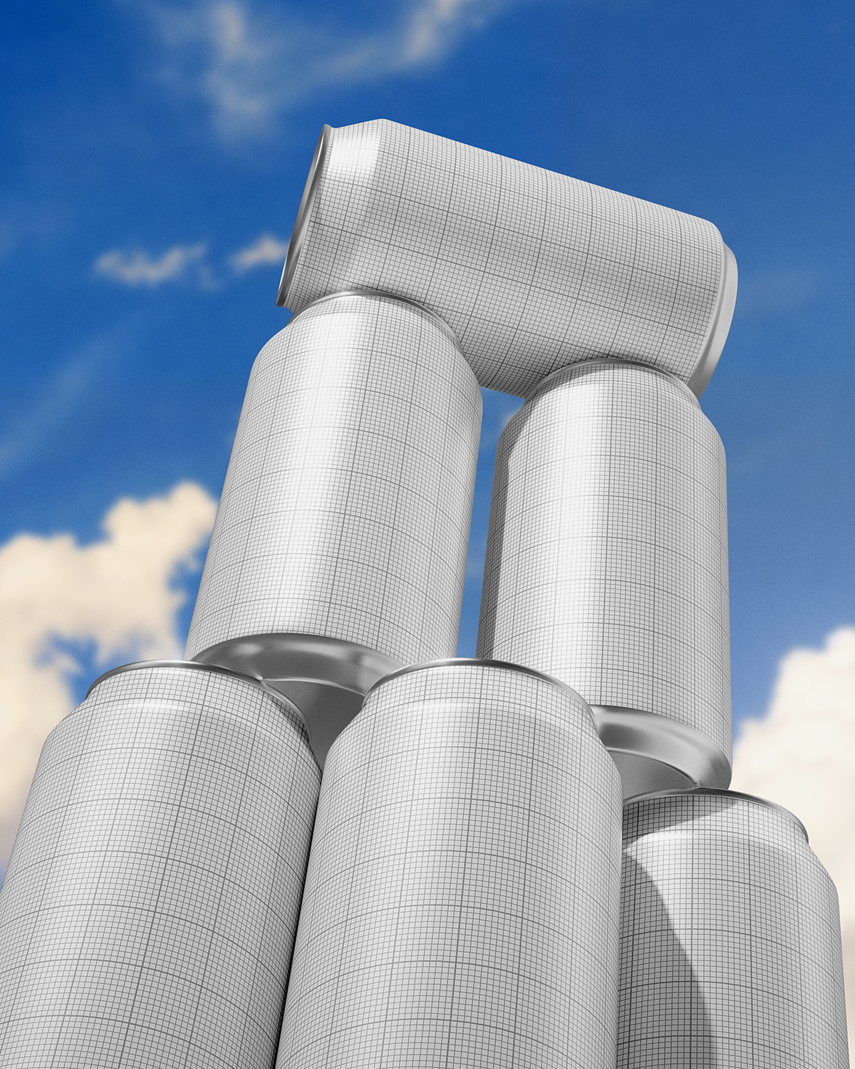 3D model of cylindrical structures against a blue sky with clouds Mockup