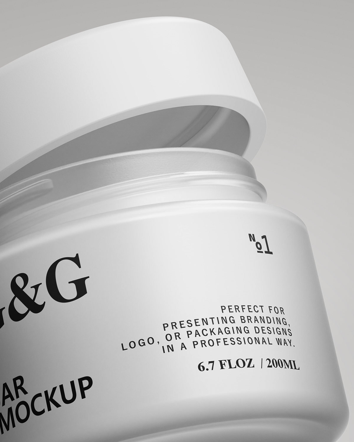 White jar with black text on a gray background