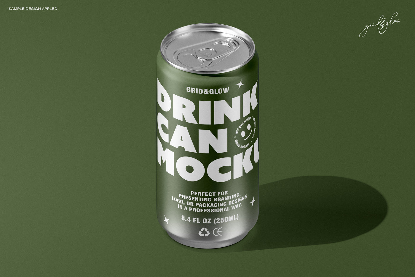 Top View of 8.4oz Drink Can Mockup – 250ml PSD Template for Branding and Packaging – Realistic Metal Lid and Minimalist Green Background by Grid & Glow