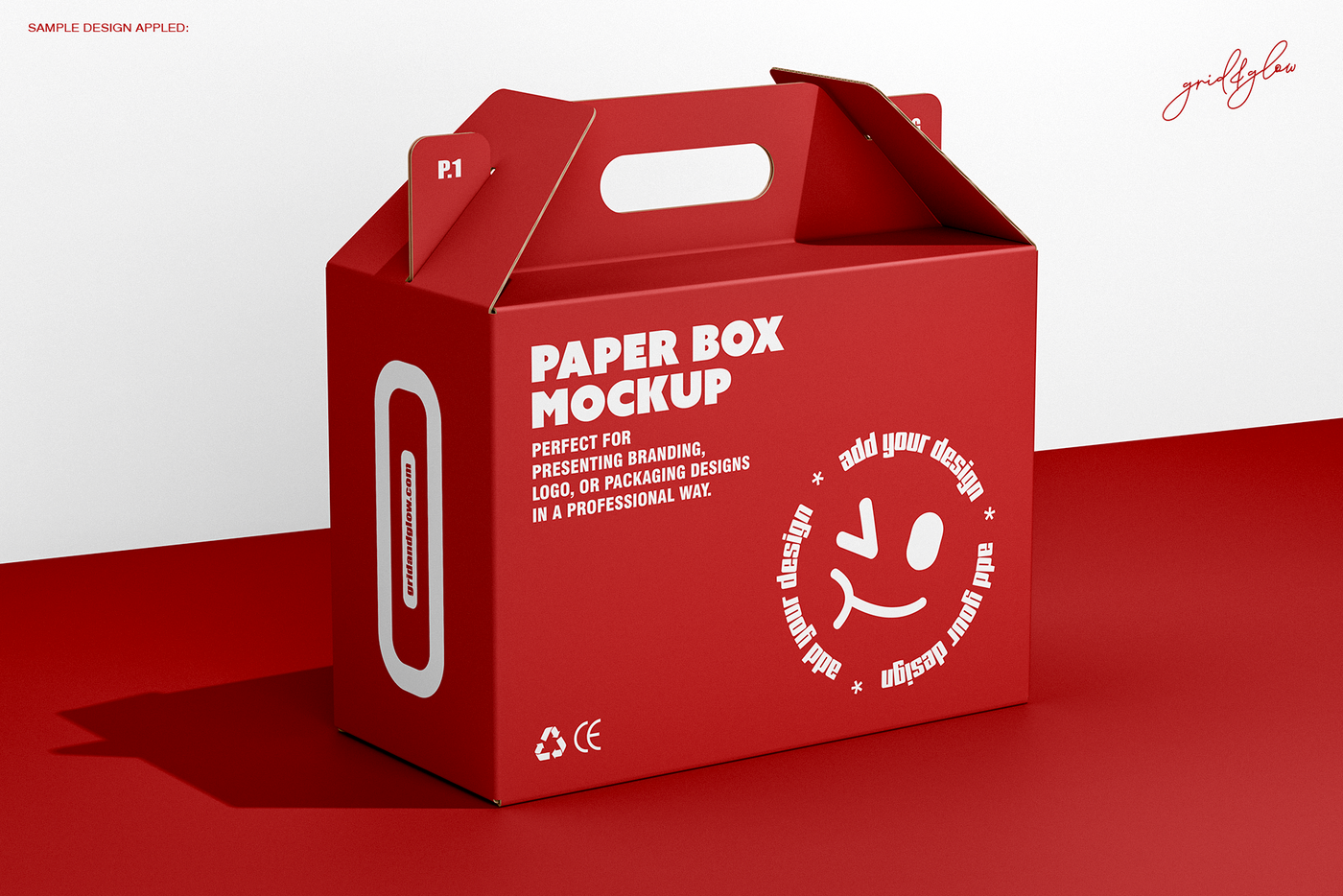 Box with handle mockup showing gable top design with die-cut carry handles on red background half side view
