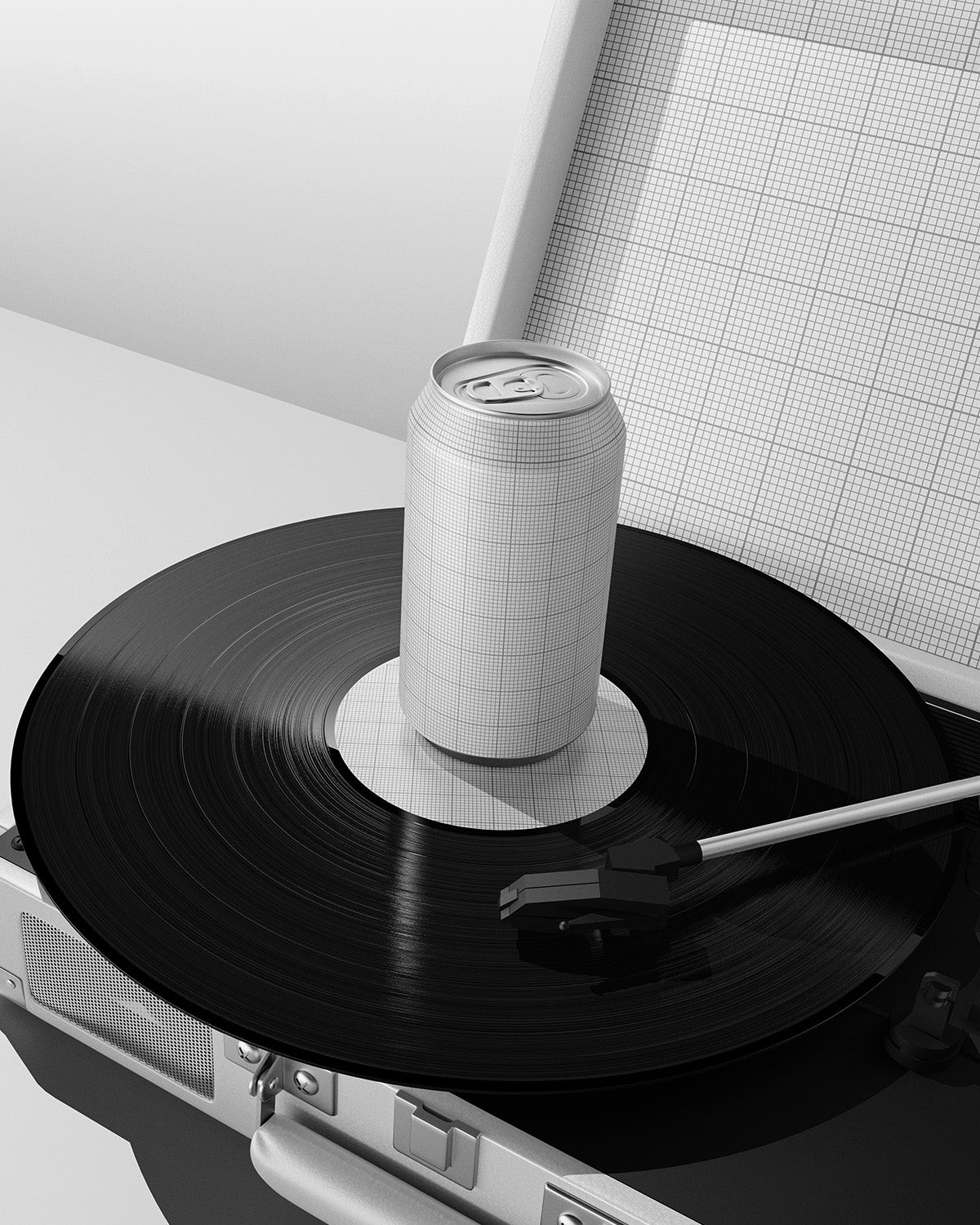 Can on a vinyl record with a stylus, resembling a turntable setup. Mockup