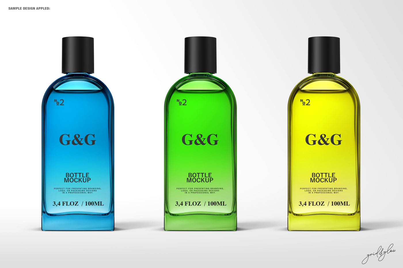 Bottle Mockup – Three Colored Bottles (Blue, Green, Yellow) on Light Background