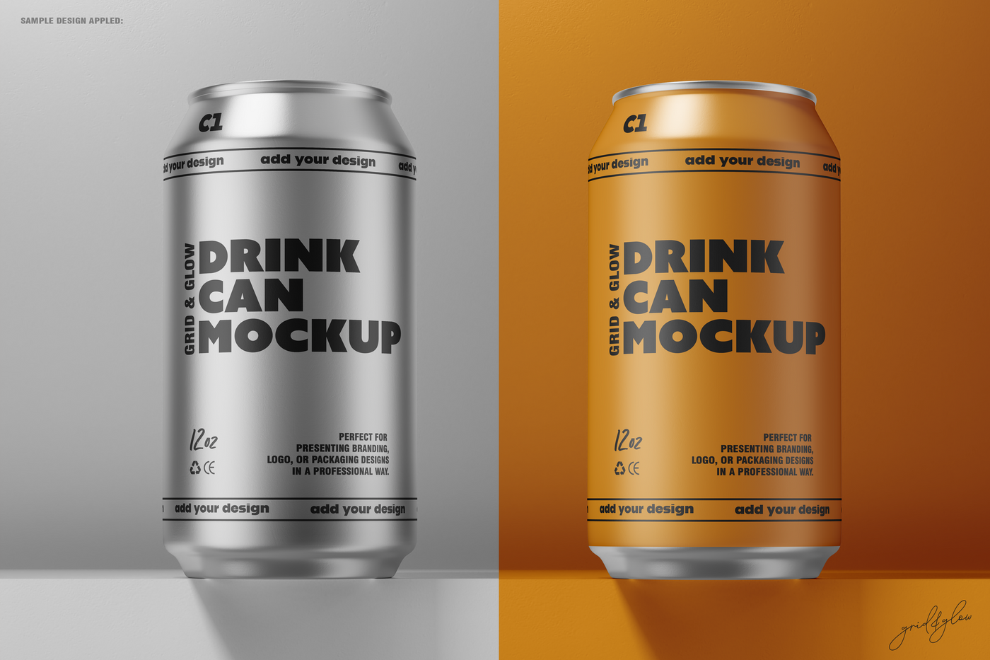 Drink Can Mockup – Side-by-Side Silver and Orange 12oz Cans on Split Background