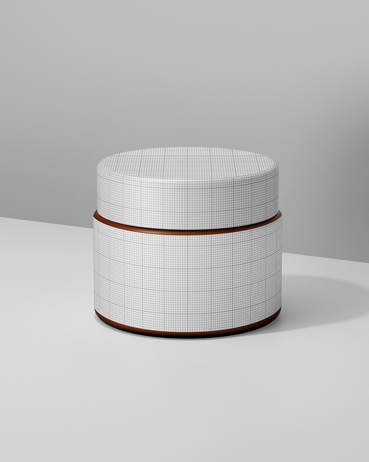 Round ottoman with grid pattern and brown leather band on a gray mockup background