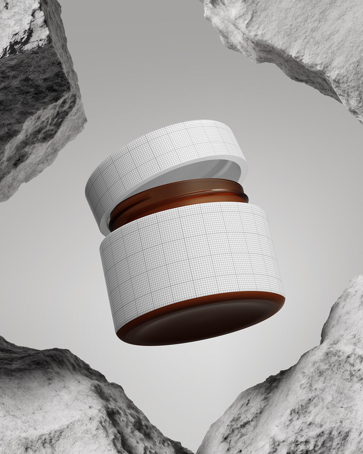 Jar with a lid floating between two rocky cliffs