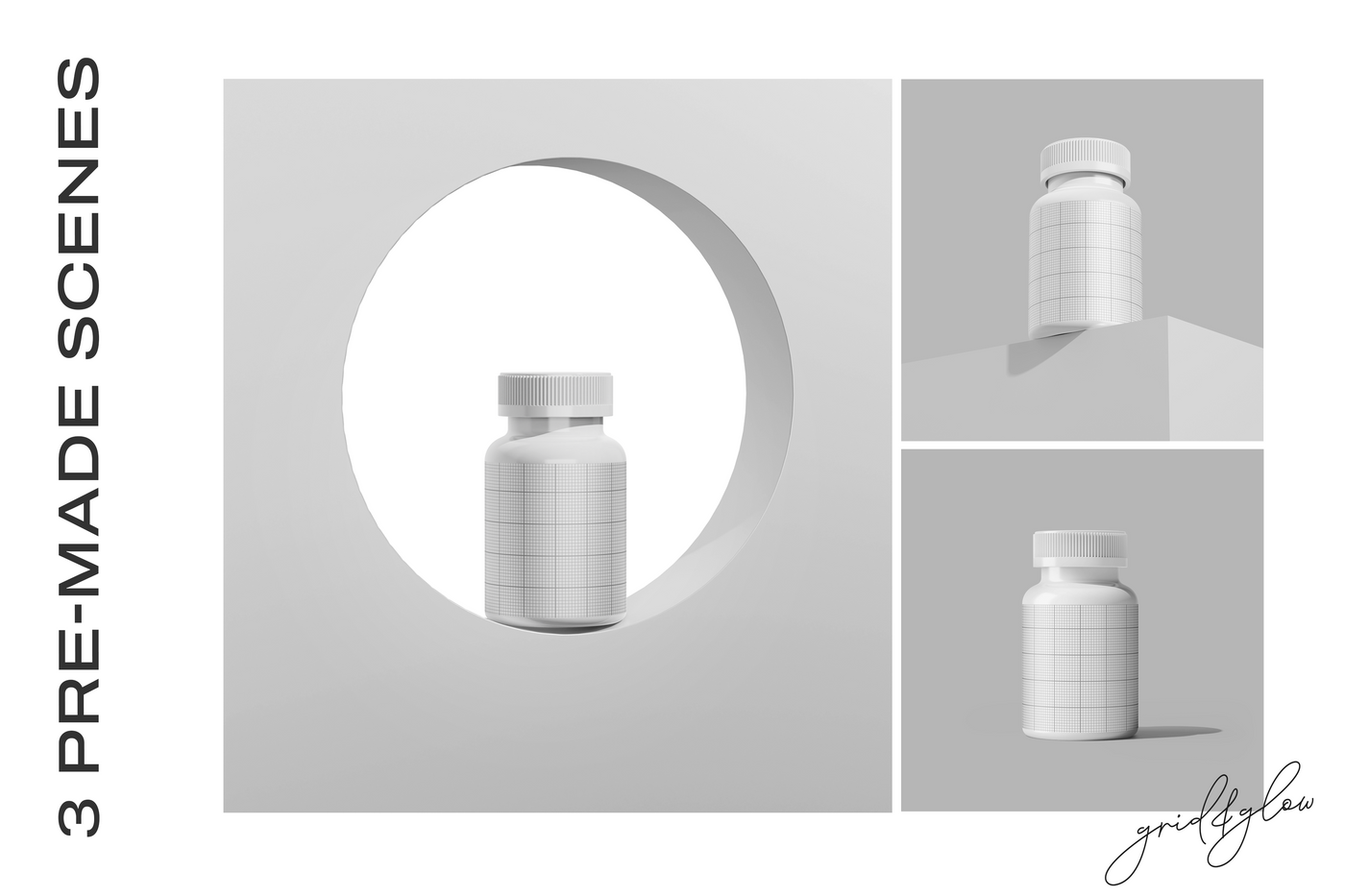 Pills Bottle Mockup – Wireframe Previews of 3 Premade Scenes